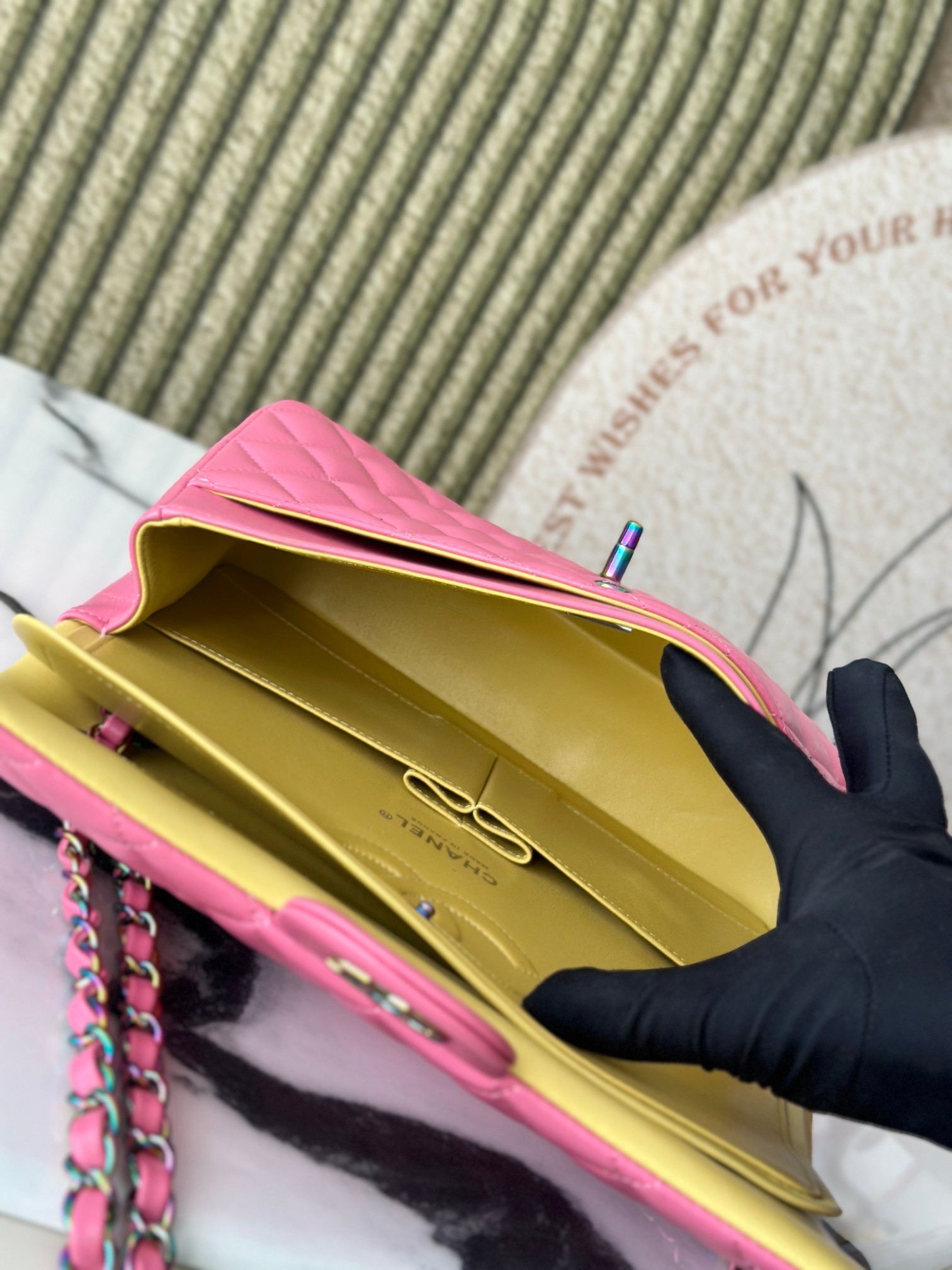 Classic Flap Medium Bag in Sakura Pink Lambskin with Iridescent Rainbow Hardware (Model A01112) - Mocuir