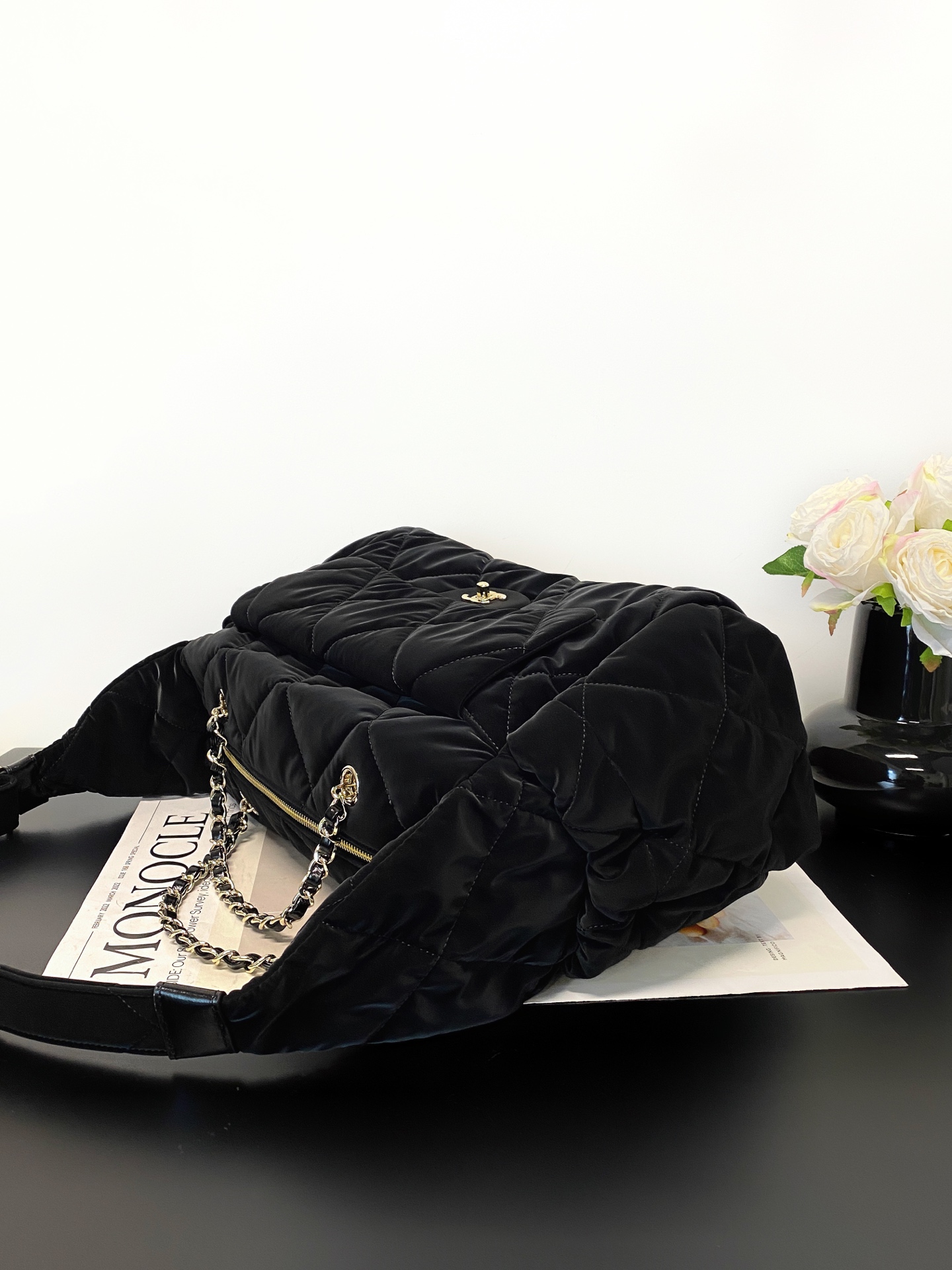 25N Ski Collection Large Hobo  Bowling Bag in Black Technical Suede Nylon with Gold Hardware (Model AM7141) - Mocuir