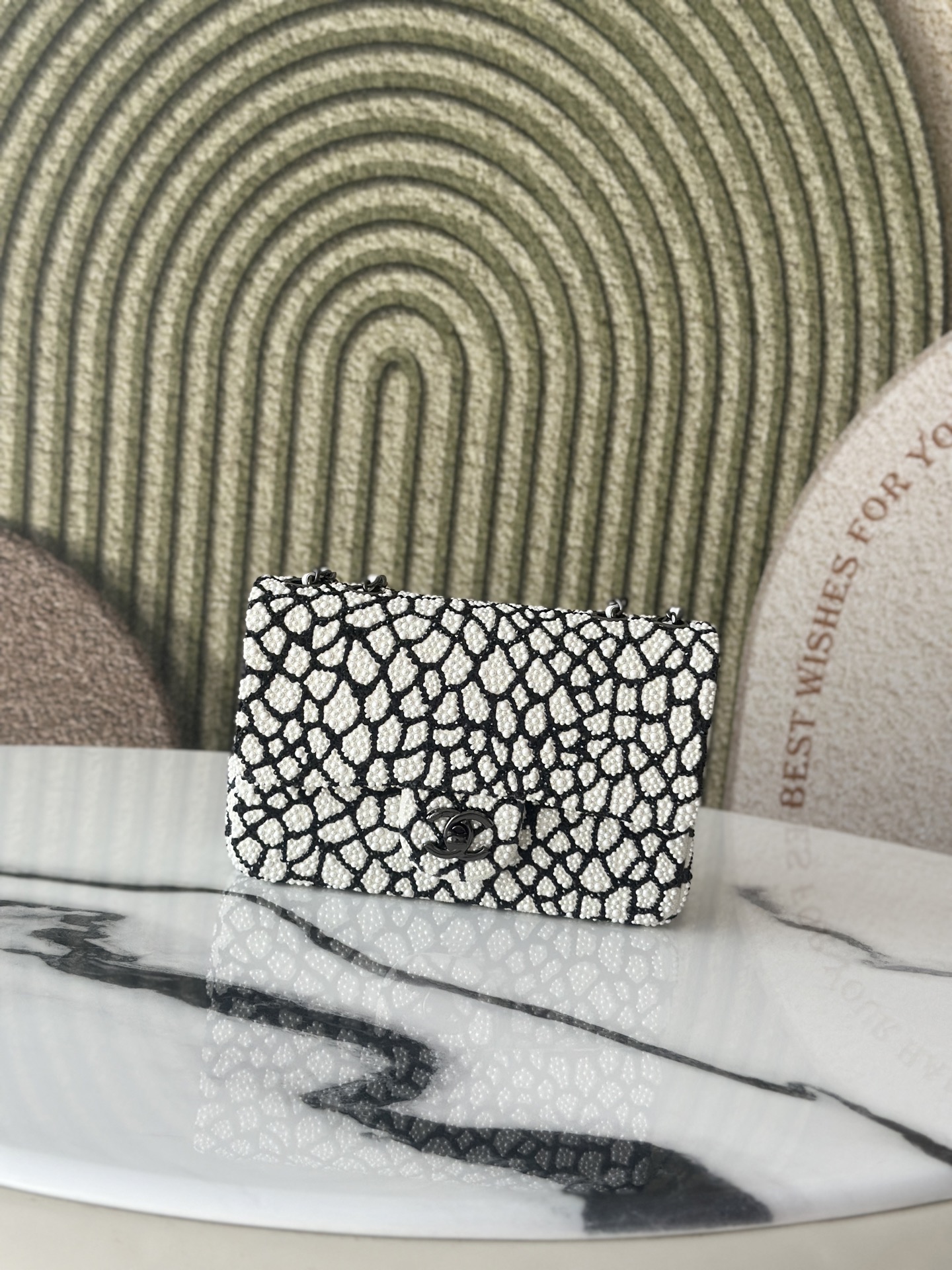 Classic Flap Mini Bag in Black & White Pearl Embellished Crocodile Pattern (Black Hardware) - Mocuir