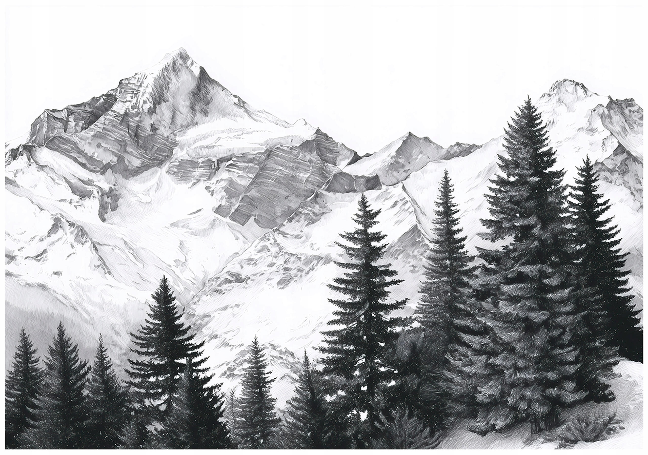 Black-and-white mountain forest wall mural for the bedroom or living room, non-woven wallpaper