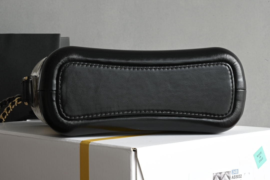 Small Gabrielle Hobo Bag in White and Black Quilted Aged Calfskin with Gold-Tone and Silver-Tone Metal (Model AS0502) - Mocuir