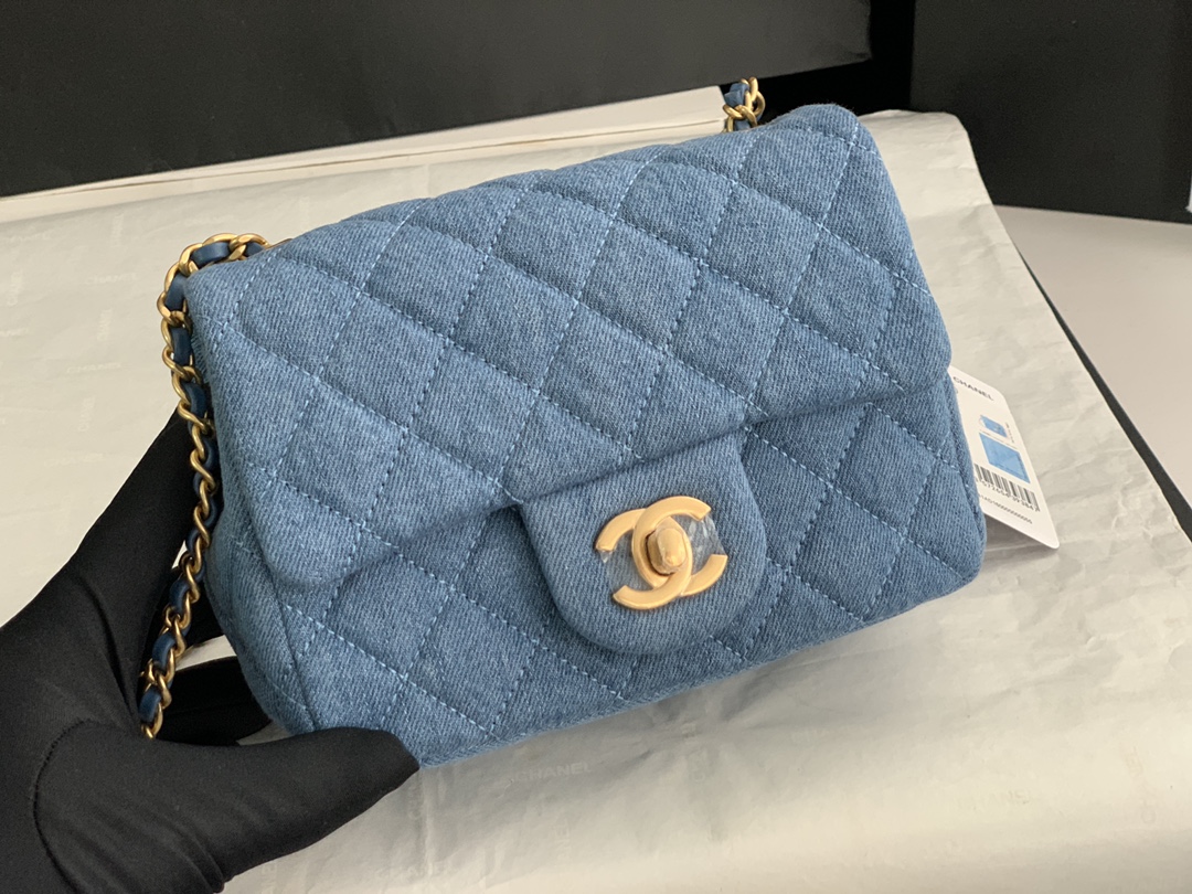22C Classic Mini Flap Bag (Square) with Adjustable Ball Chain in Washed Denim Blue, Chevron Quilted, Gold-Tone Hardware - Mocuir