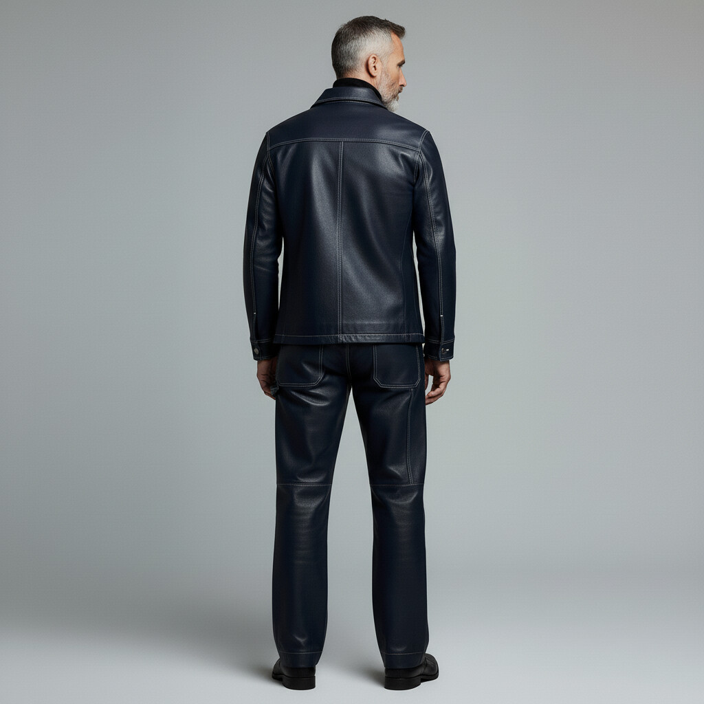 Men's Navy Blue PU Leather Contrast Stitched Straight Leg Pants