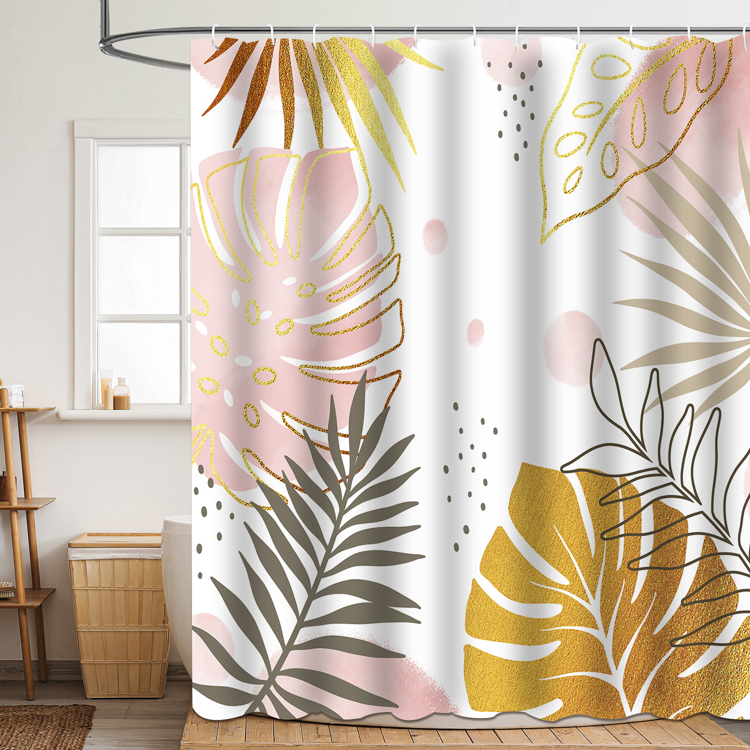 Shower curtain green plant leaf polyester 3d digital printing waterproof and mildew-proof shower bathroom partition
