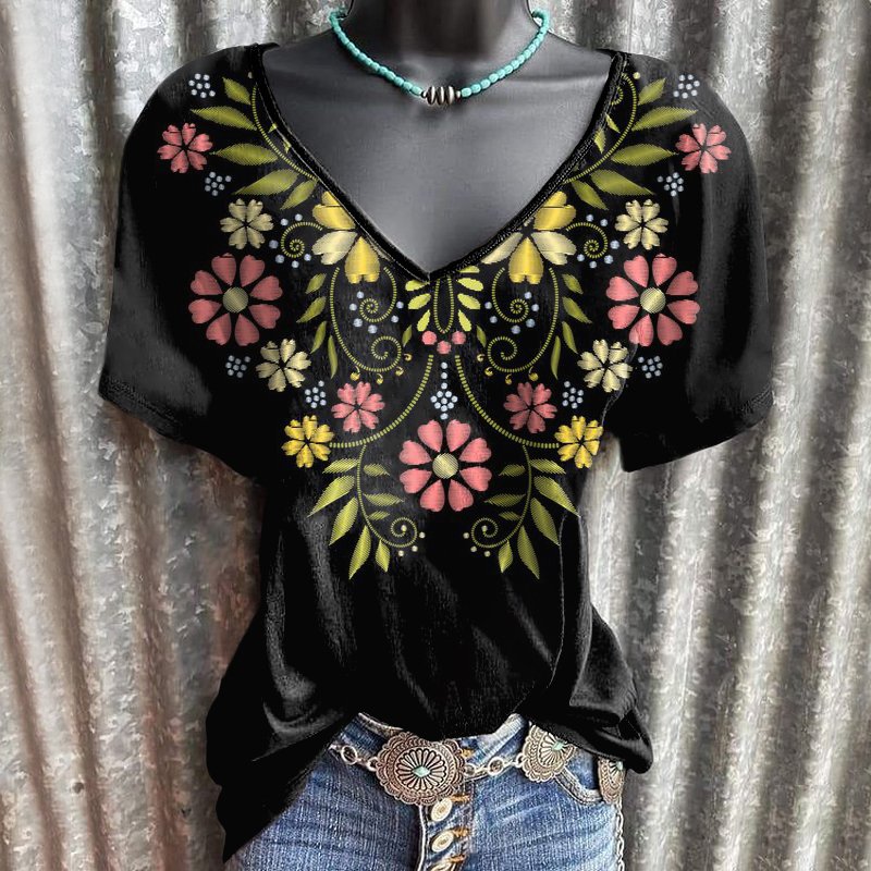 V-neck Flower Graphic Retro Women's T-shirt Designer