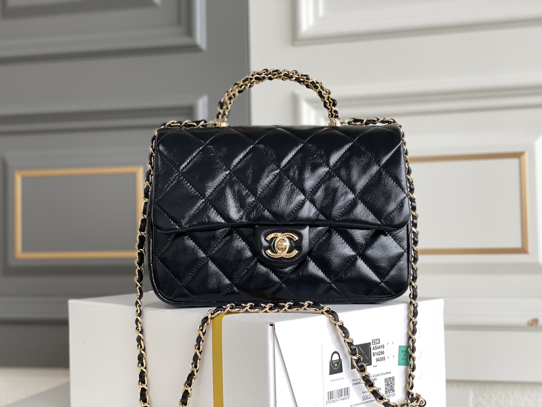 23K Mini Shopping Bag (Mini Kelly) in Black Shiny Aged Lambskin with Gold-Tone Hardware (Model AS4416) - Mocuir