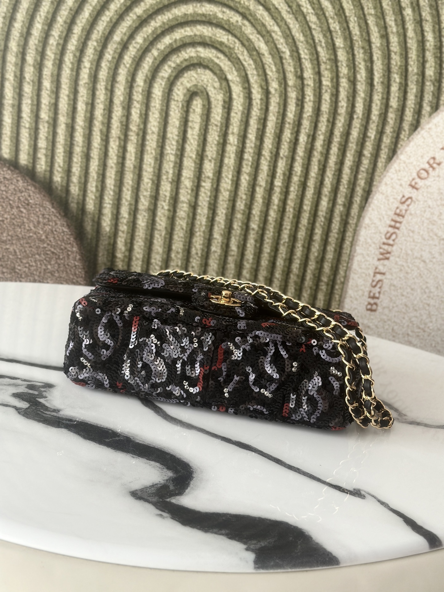 Limited Edition Black Red Grey Sequin Abstract Quilted Mini Classic Flap Bag with Gold-Tone Hardware - Mocuir