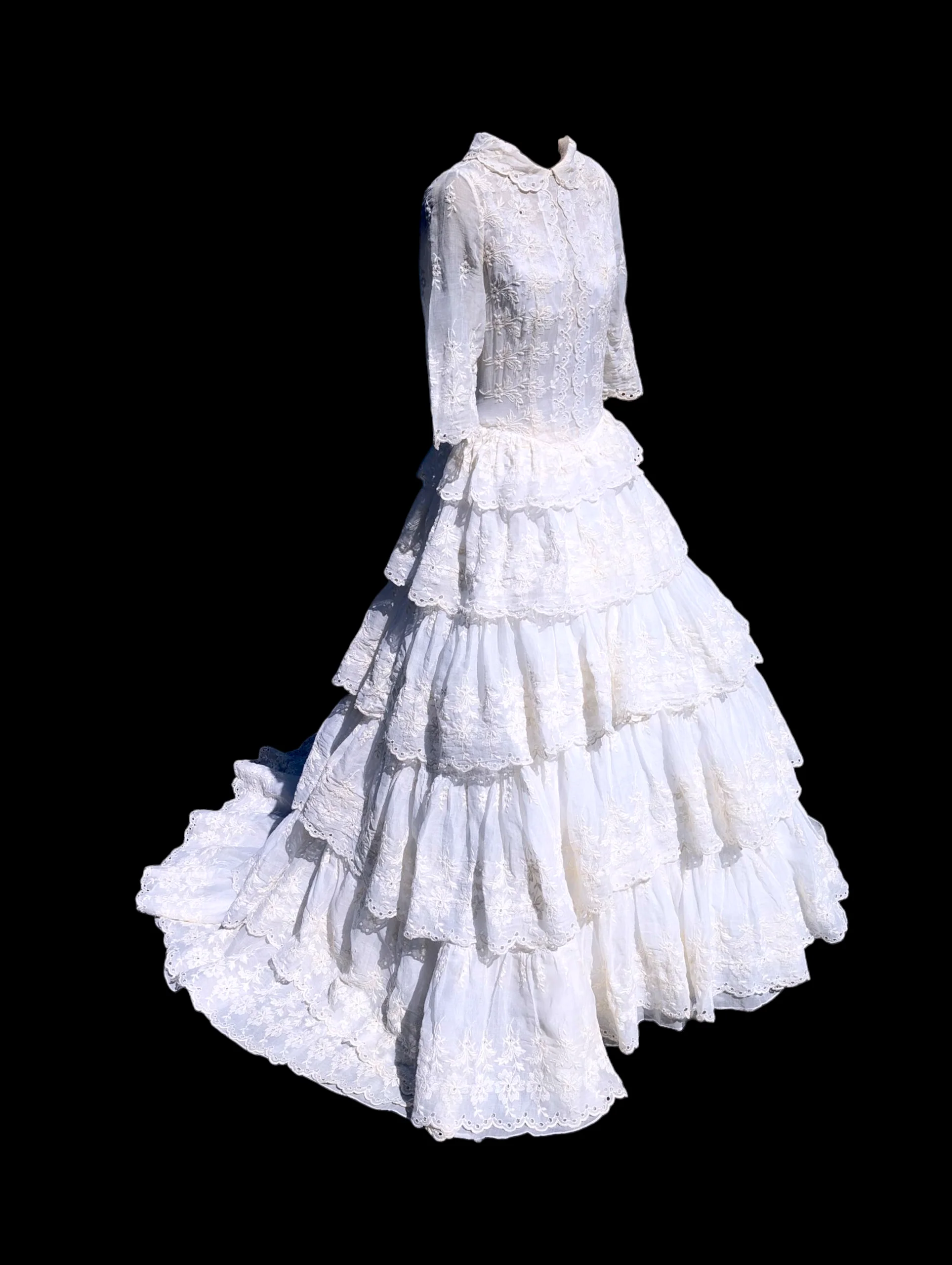 Eyelet Lace Multi Tiered Wedding Dress in White with Drop Waist, Peter Pan High Collar, Train and 3/4th Sleeves