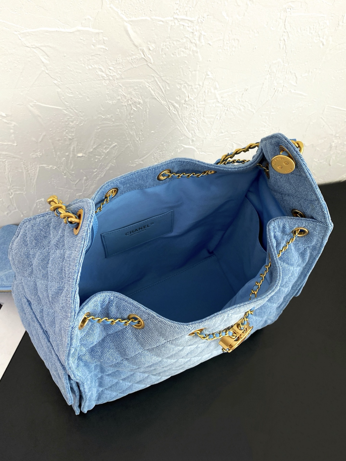 25C Small Hobo Bag in Light Blue Washed Denim with Antique Gold Hardware - Mocuir