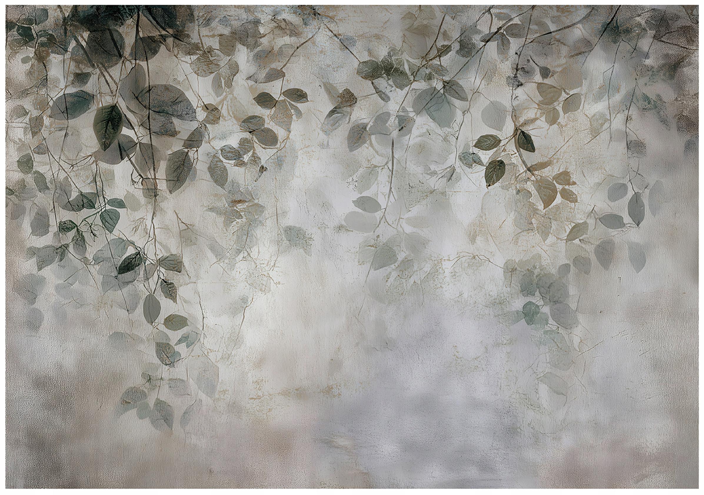 Wall mural featuring hanging leaves on a concrete background, perfect for the bedroom or living room; non-woven wallpaper