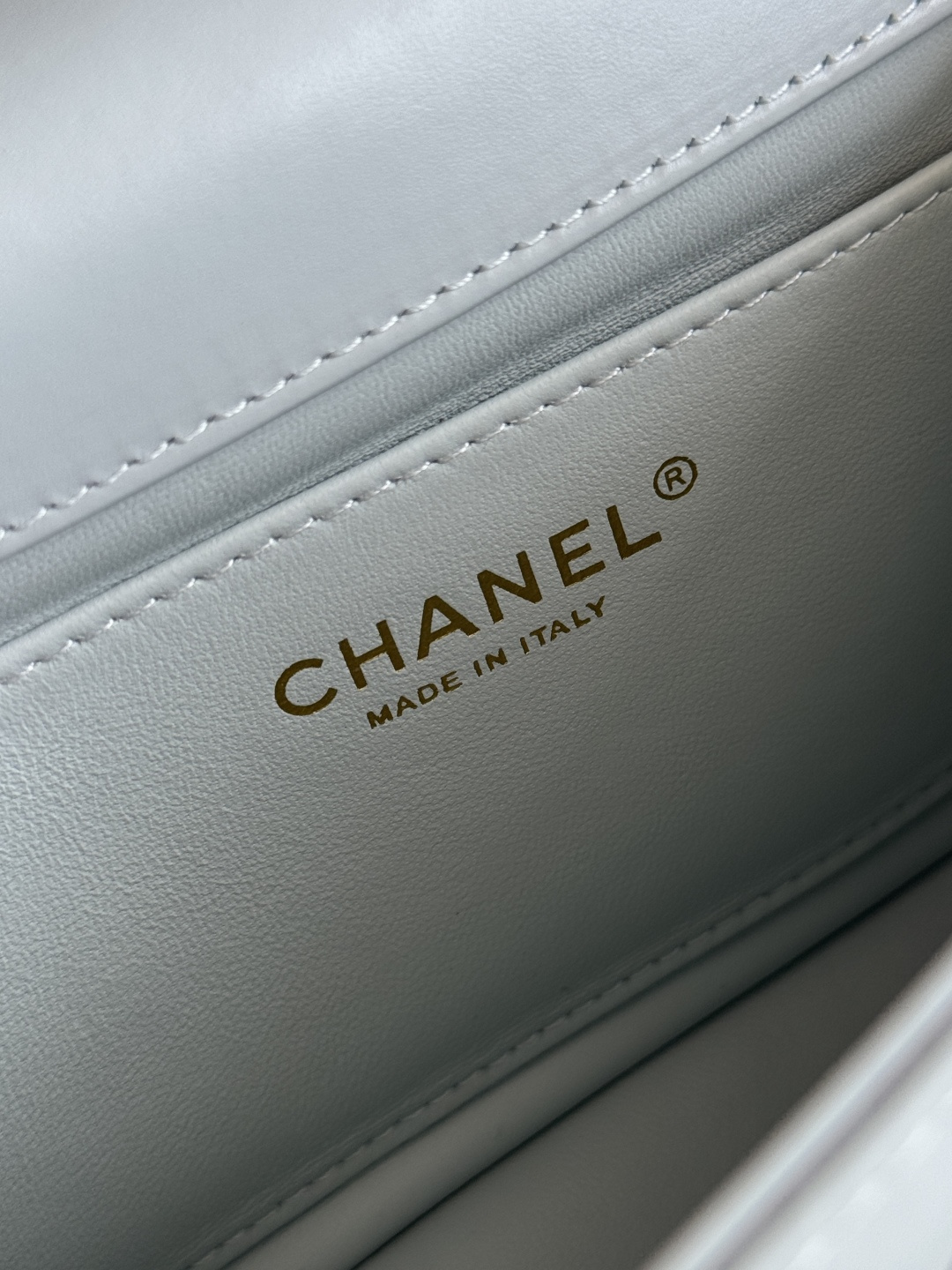 Wallet On Chain (WOC) with Double Gold Balls in Light Blue Quilted Shiny Caviar Leather with Antique Gold-Tone Hardware - Mocuir