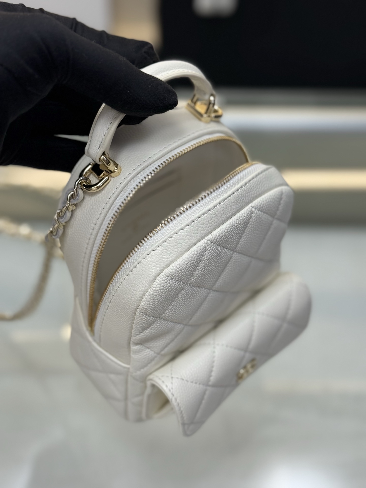 Mini Backpack with Chain (AS3787) in White Caviar Leather with Gold-Tone Hardware, 24C Cruise Collection - Mocuir