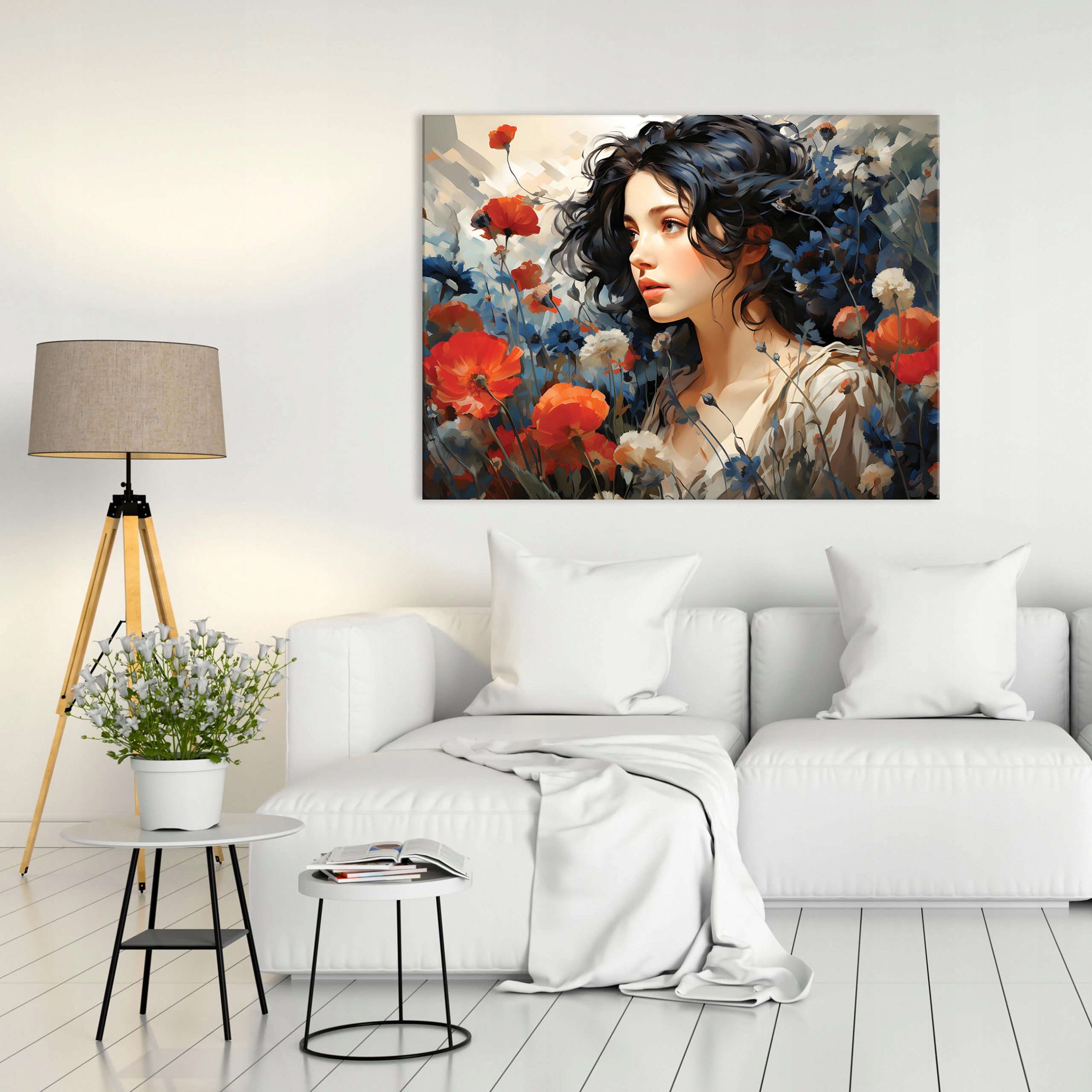 Painting of a woman with poppies on canvas, wall art for the living room or bedroom, large (60x40)
