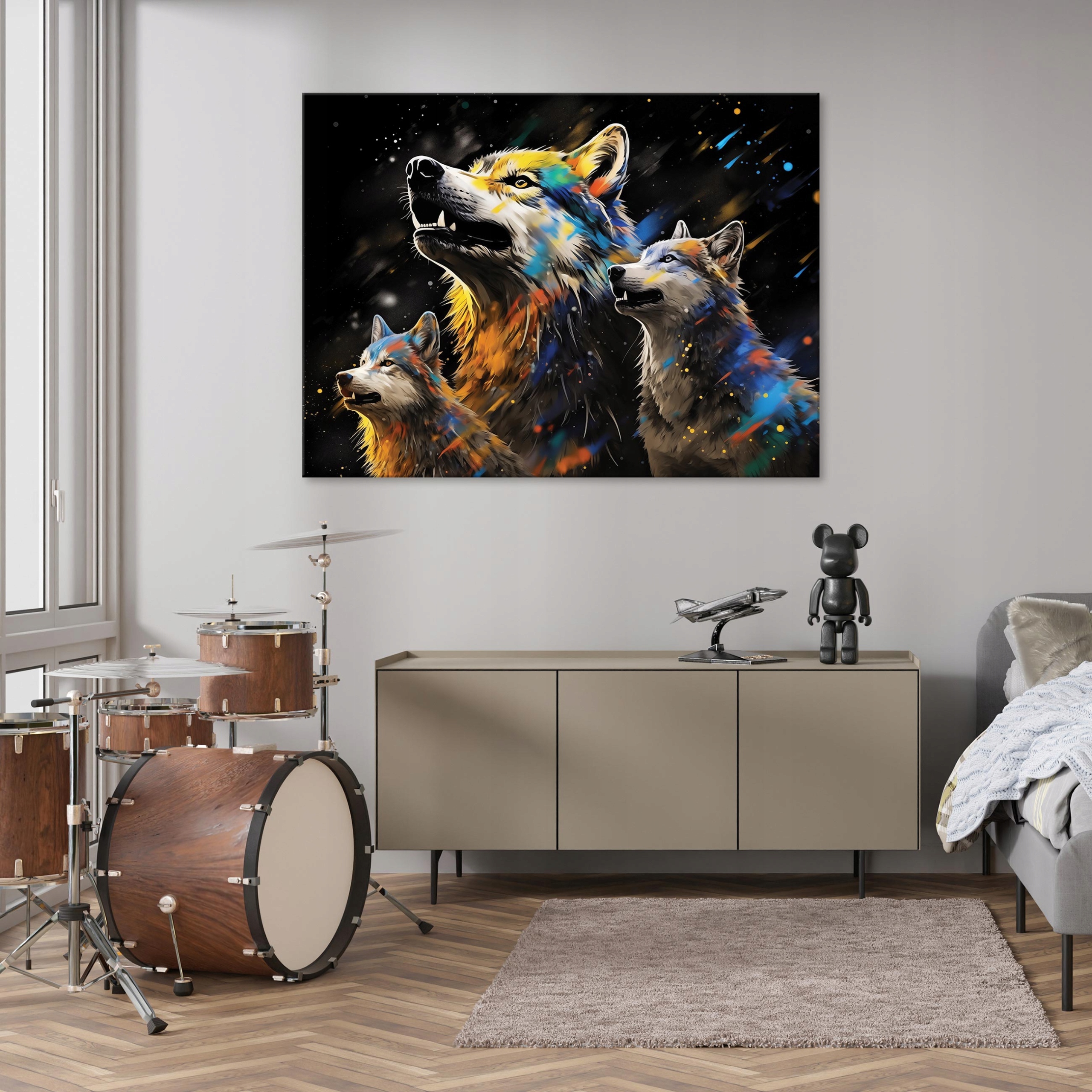 Abstract canvas wall art featuring wolves in black for the bedroom or living room, 40x30