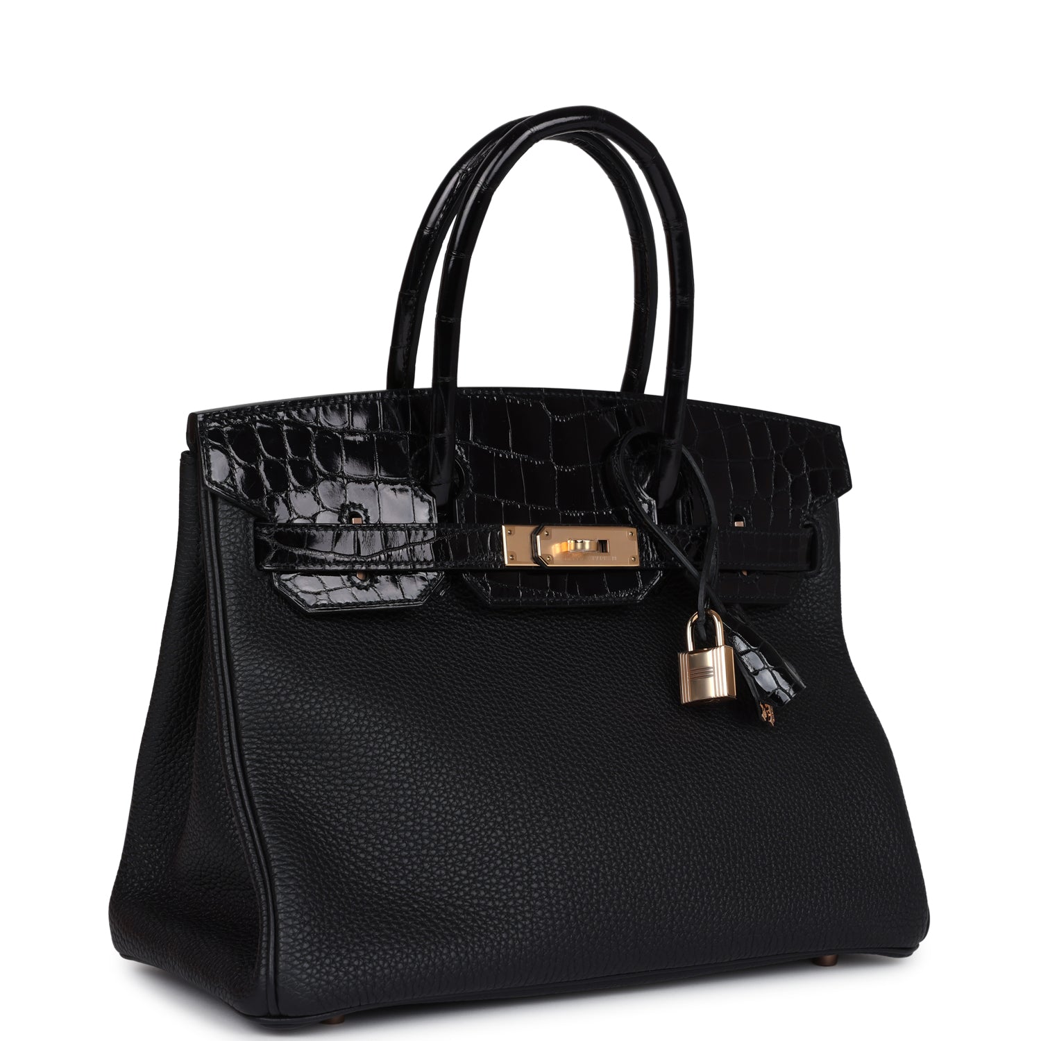 Birkin 30 Black Shiny Niloticus Crocodile and Togo Touch Rose Gold Hardware