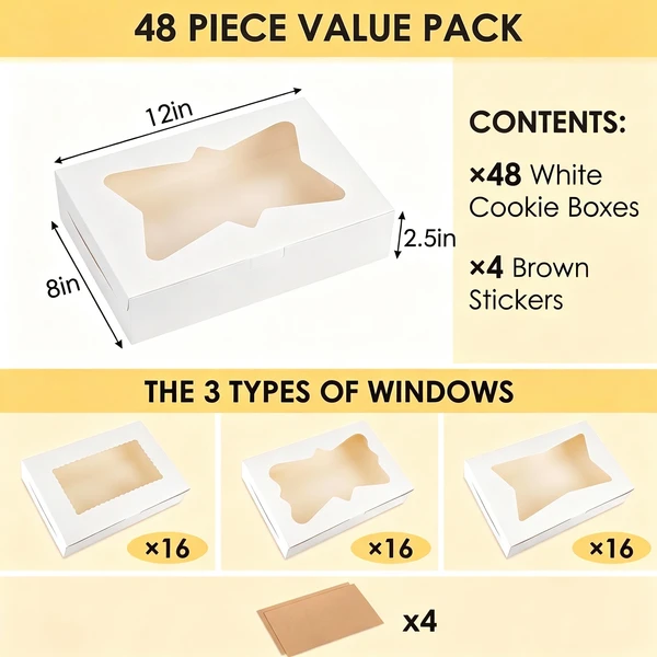 White Bakery Boxes with Window 48 Pack 12x8x2.5