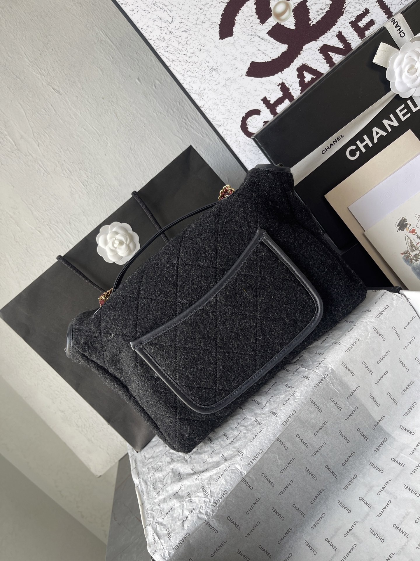 Classic Large Quilted Wool Flap Bag in Black with Gold-Tone Hardware - Mocuir