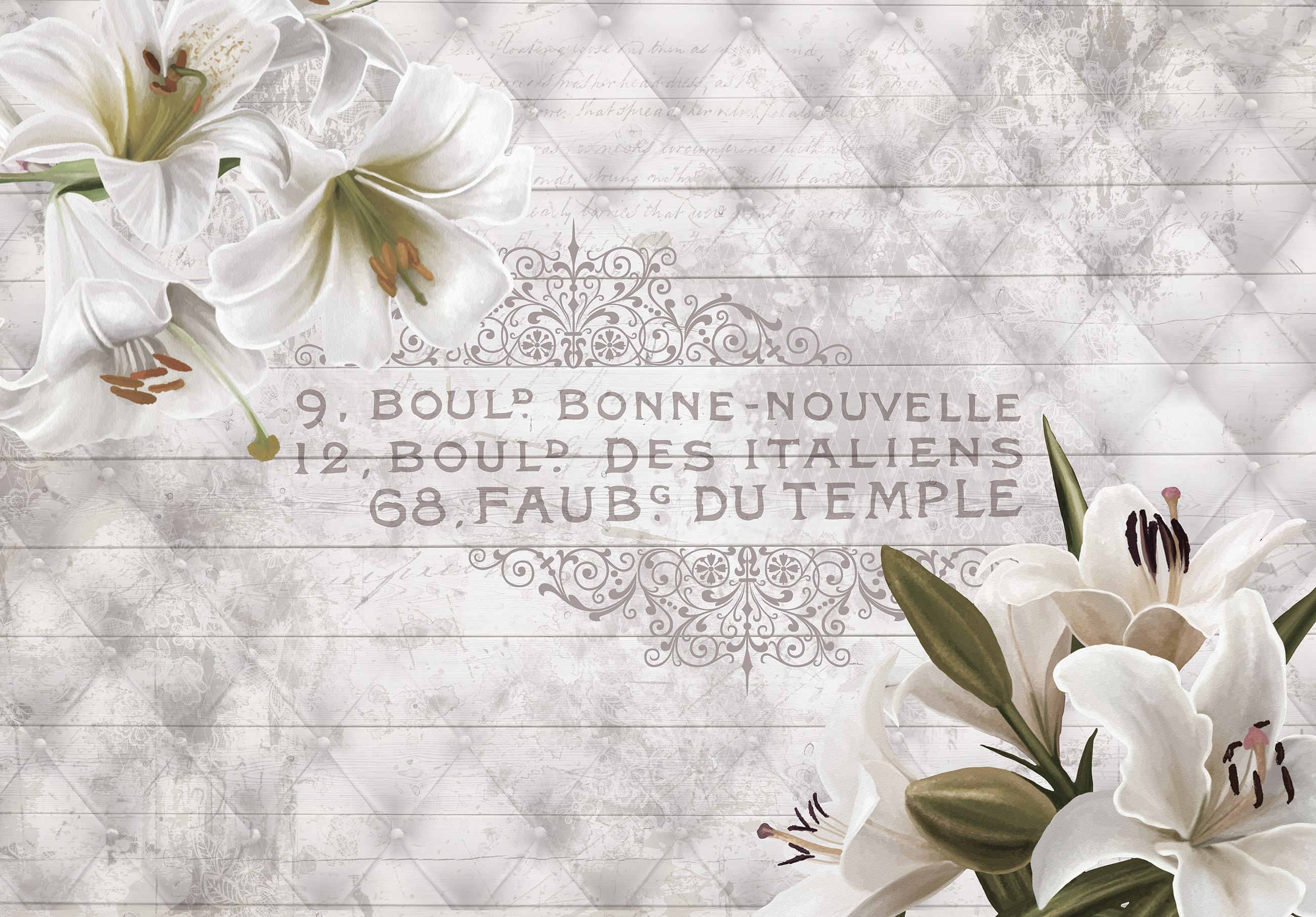 Wall mural featuring white lilies on a vintage tufted background for the living room or bedroom