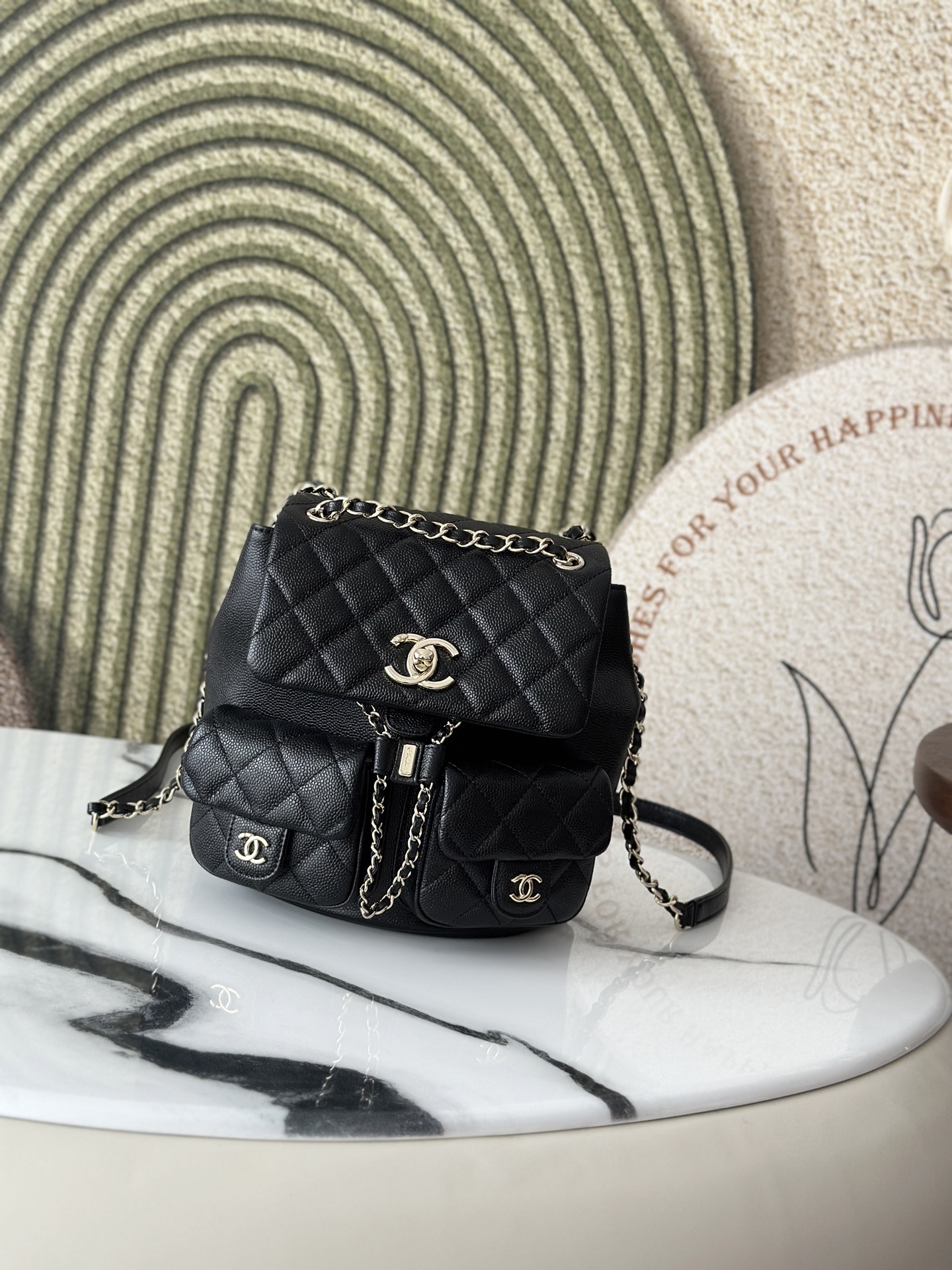 Classic Quilted Multi-Pocket Backpack in Black Caviar Leather with Gold-Tone Hardware - Mocuir