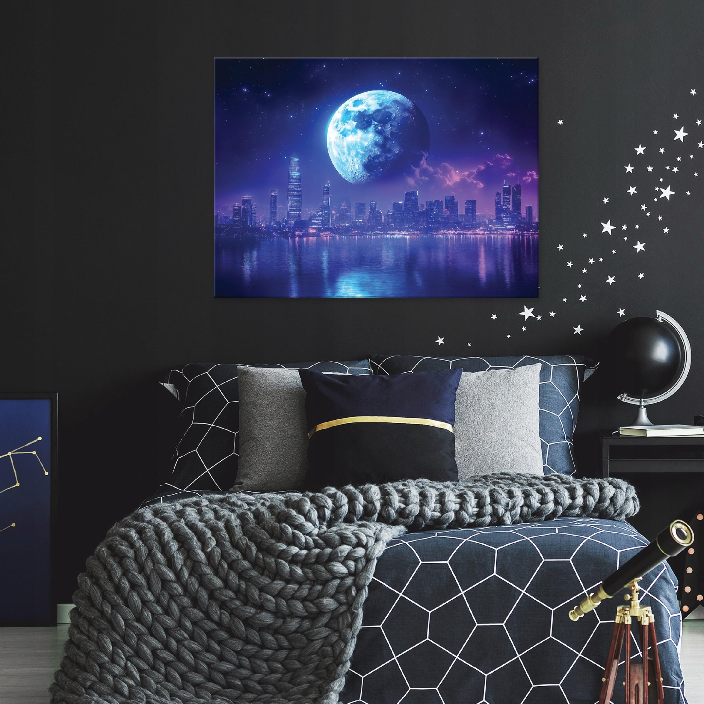 Moonlit city panorama painting for bedroom or living room on canvas, 40x30