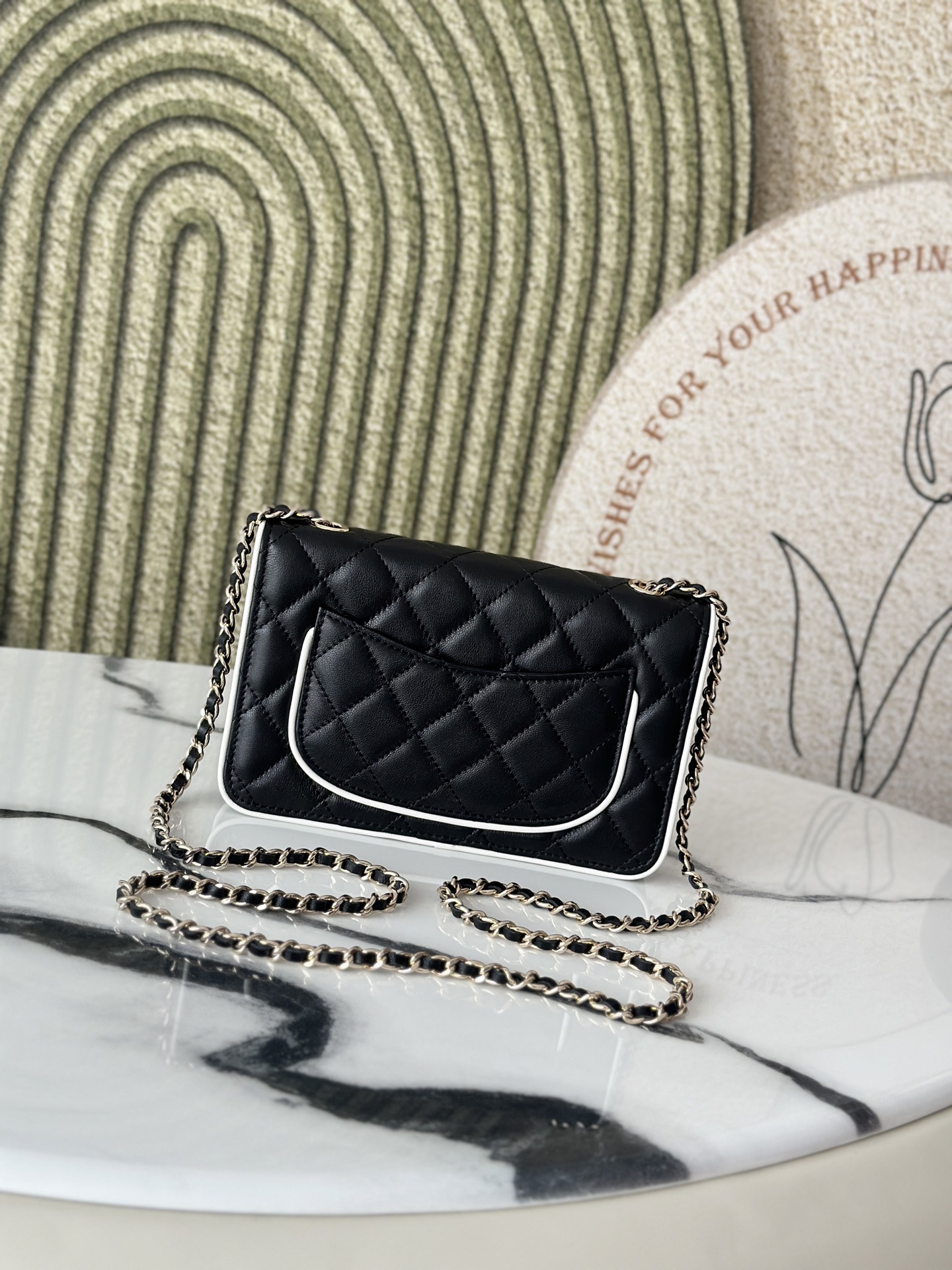 Black Lambskin Quilted Mini Flap Bag with White Trim & Gold Hardware - Mocuir