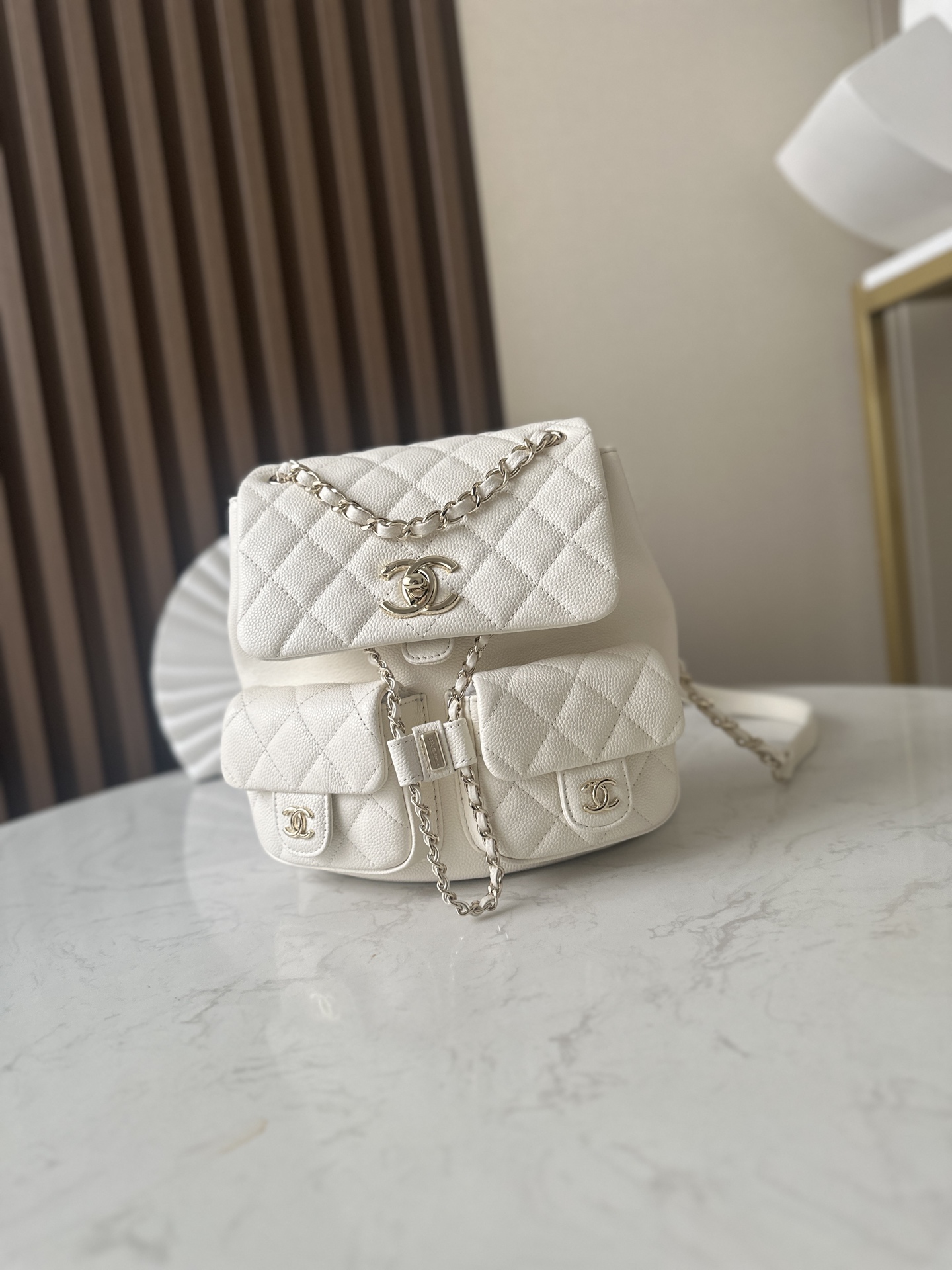 Classic Quilted Caviar Duma Backpack in White (Gold Hardware) - Mocuir