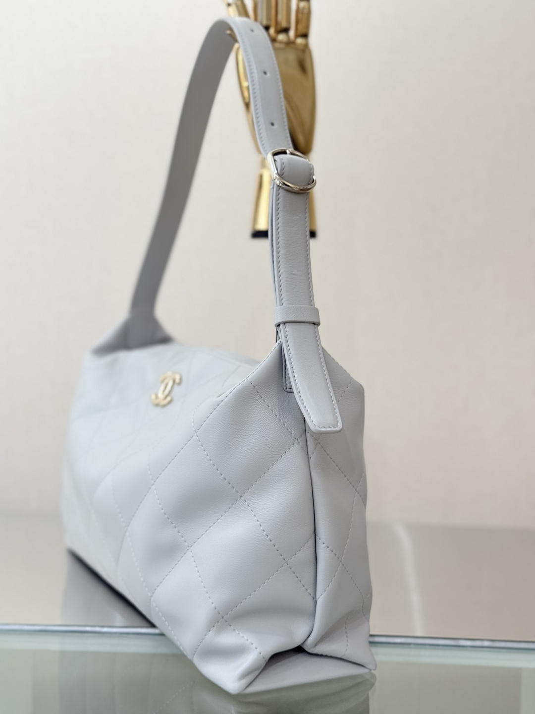 26P Hobo Shoulder Bag in Light Grey Quilted Lambskin with Light Gold-Tone Hardware - Mocuir