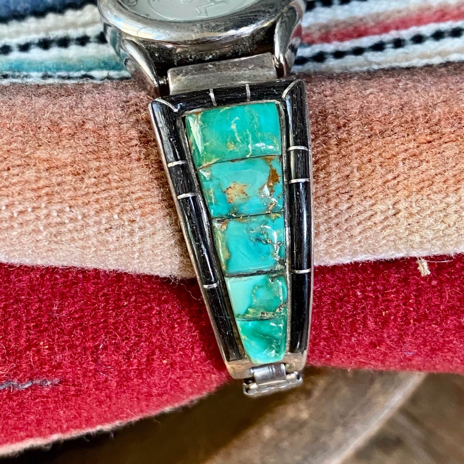 Turquoise Inlay Watch Band by Wilbur Musket Jr Navajo