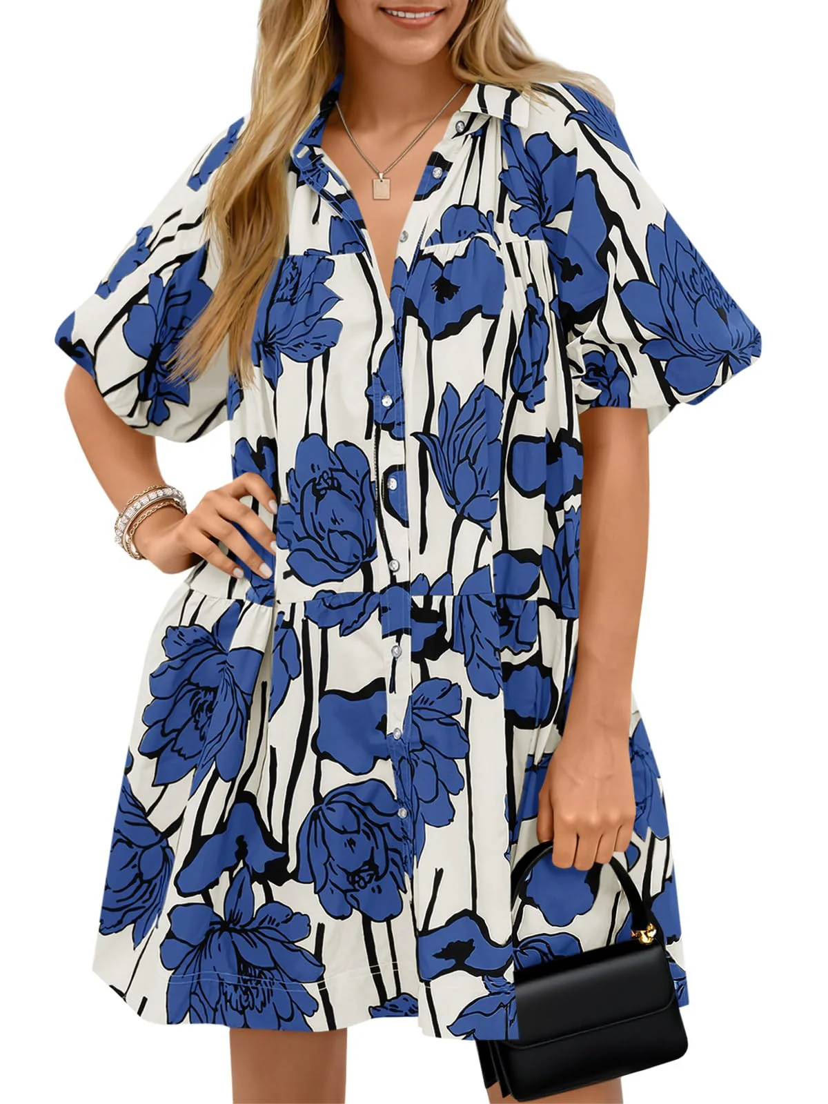 Women's Summer Button Down Shirt Dress Floral Puff Short Sleeve Casual Loose Fit Beach Mini Dresses Blue