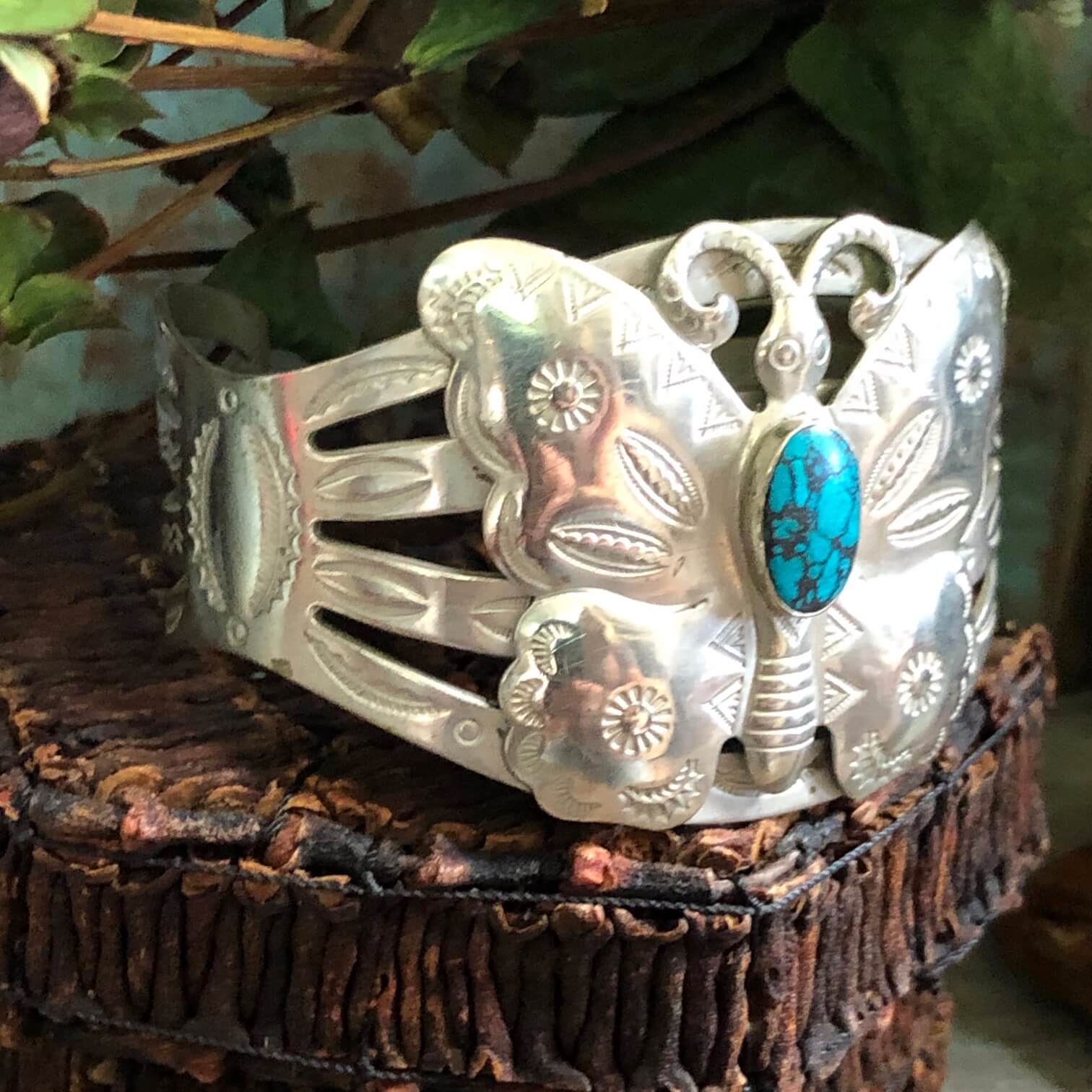 Nickel Silver Southwestern Butterfly Bracelet Faux Turquoise