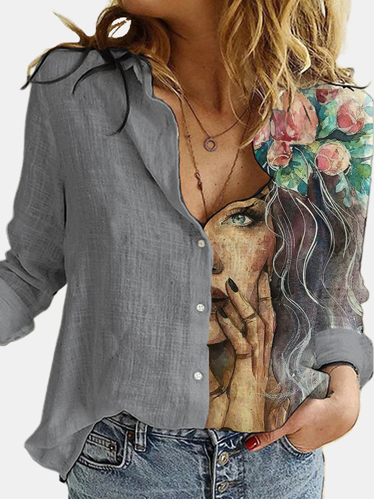 Loose Casual And Comfortable V-Neck Avatar Print Shirt