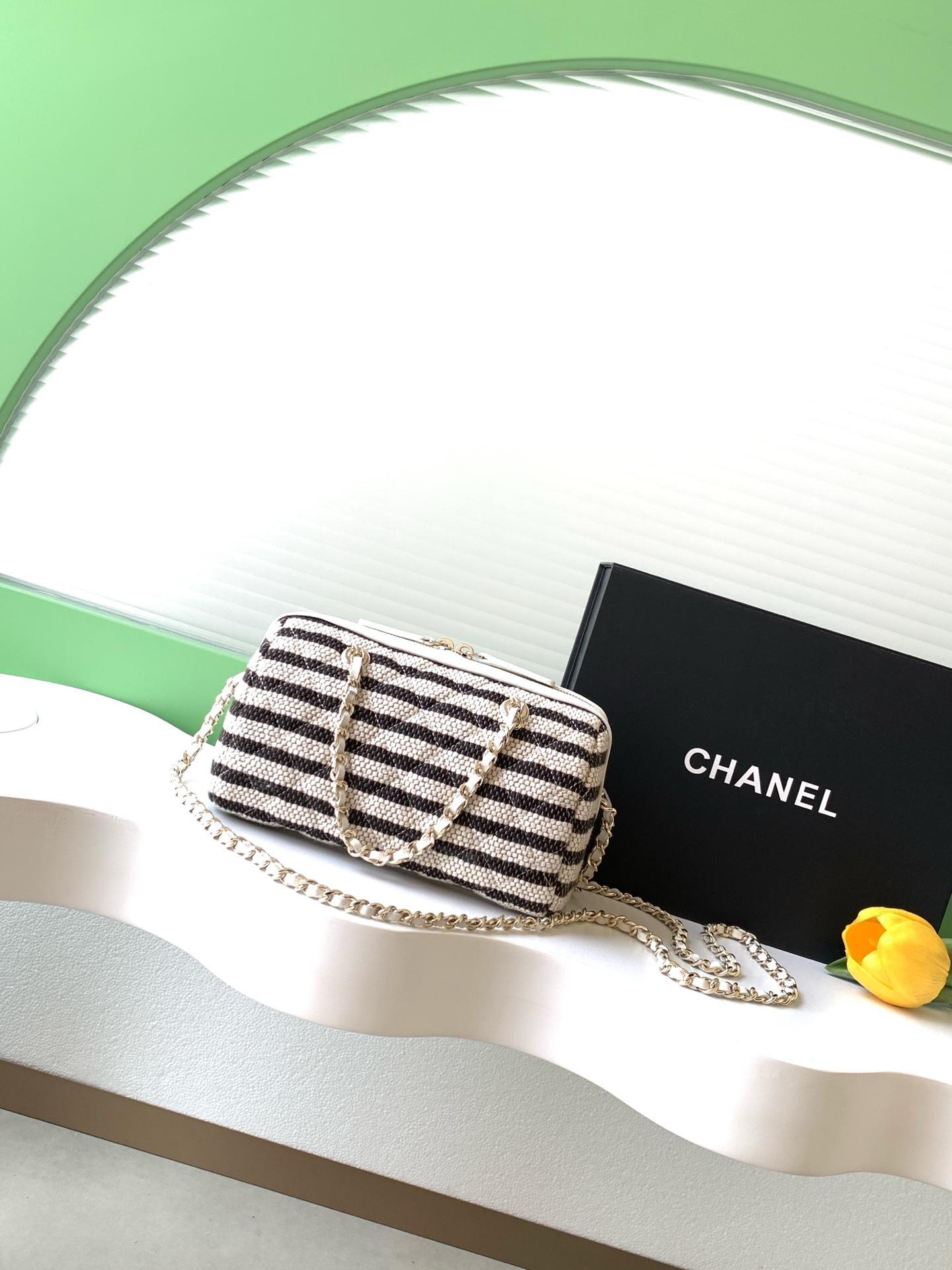 Deauville Striped Quilted Box Bag Vanity Case in Black with Light Gold-Tone Hardware - Mocuir