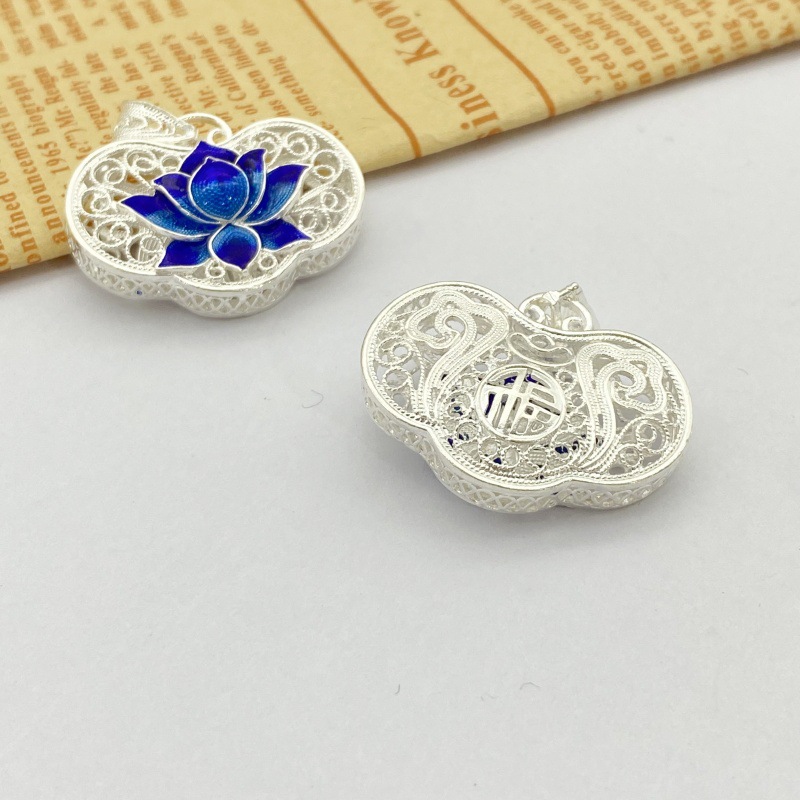 Filigree Cloisonné Chinese Style Lotus Lock 99 Pure Silver Necklace