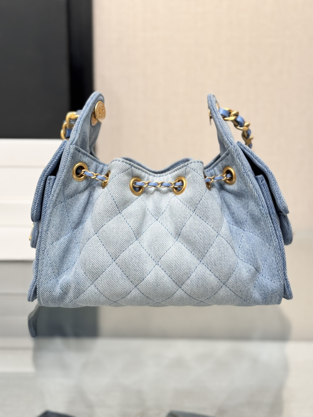 25 Small Hobo Bag (AS5293) in Light Blue Washed Denim & Antique Gold-Tone Hardware - Mocuir
