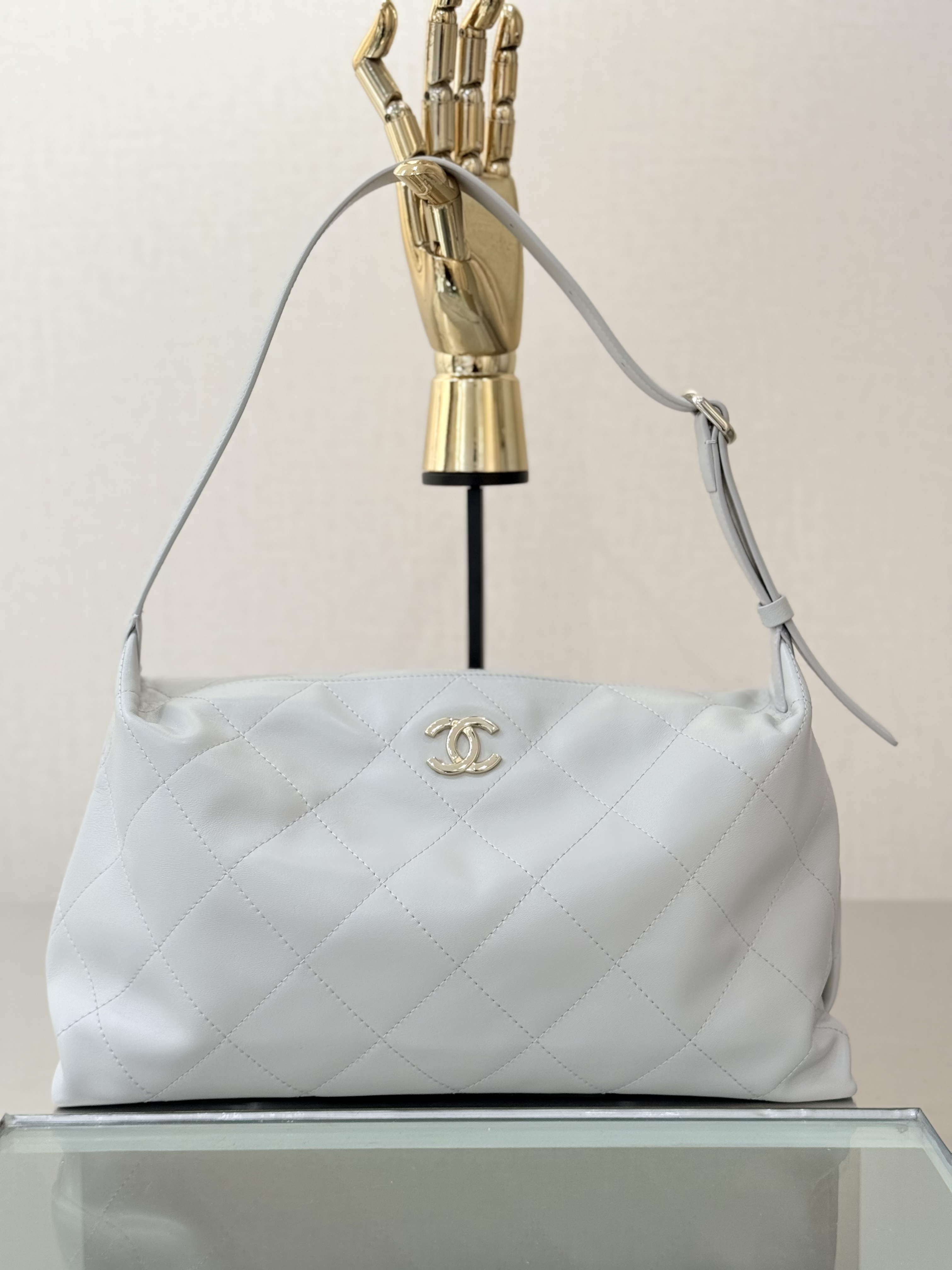 26P Hobo Shoulder Bag in Light Grey Quilted Lambskin with Light Gold-Tone Hardware - Mocuir
