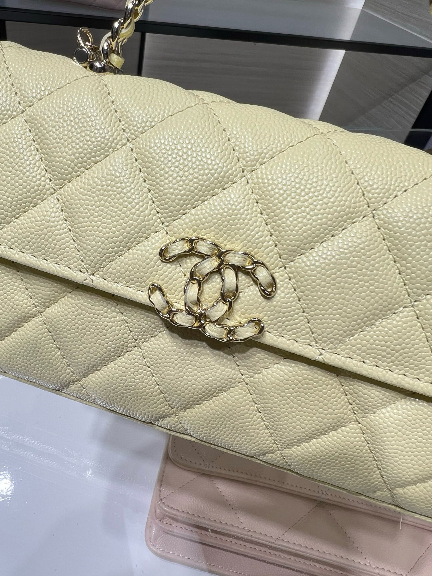 26S Spring-Summer Collection AP3238 Mini Top Handle Flap Bag in Yellow Quilted Grained Calfskin (Caviar) with Gold-Tone Hardware - Mocuir