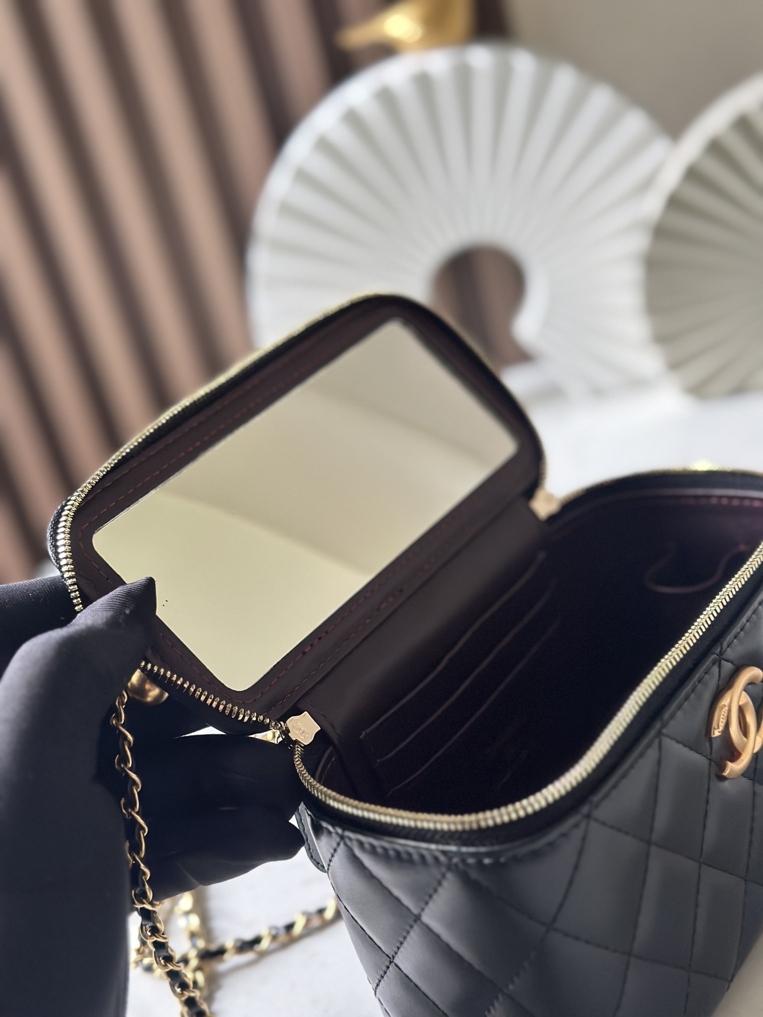 Black Shiny Lambskin Quilted Vanity Case (Long Style) with Double Gold Pearl Chain Hardware - Mocuir