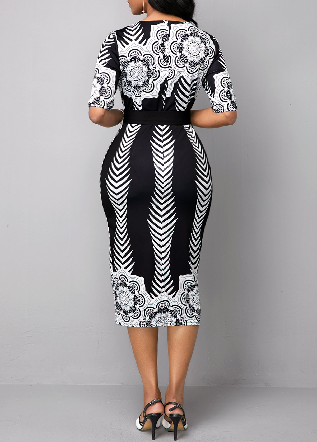 Half Sleeve Belted Tribal Print Dress