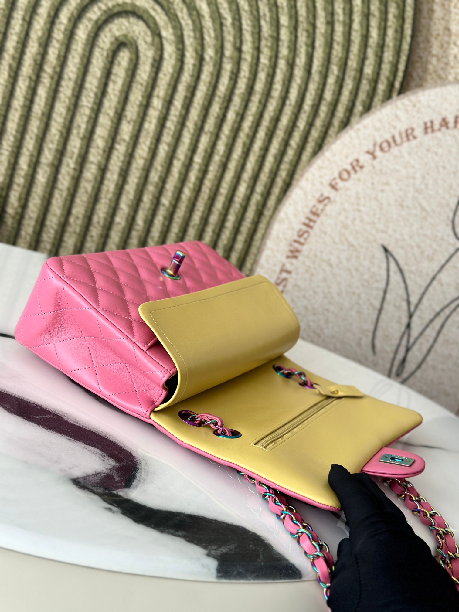 Classic Flap Medium Bag in Sakura Pink Lambskin with Iridescent Rainbow Hardware (Model A01112) - Mocuir