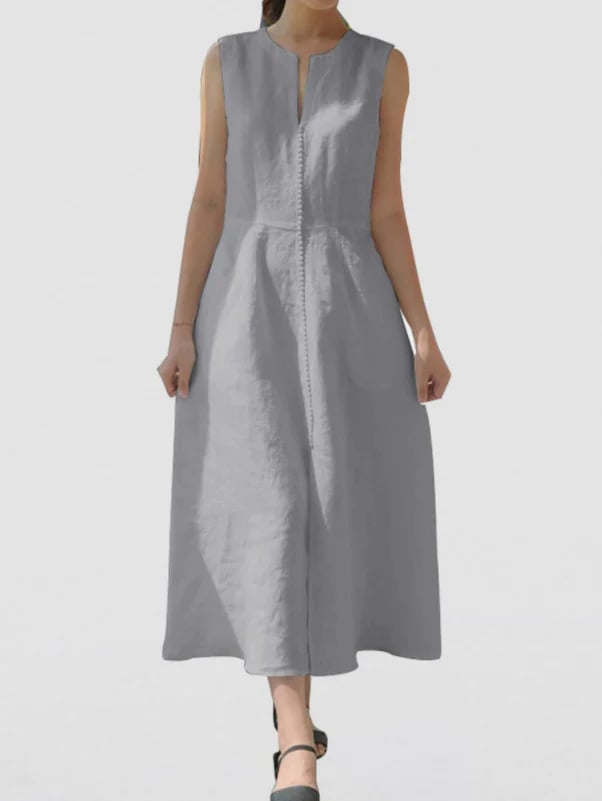 V-Neck Waisted Cotton And Linen Hem Slit Sleeveless Dress