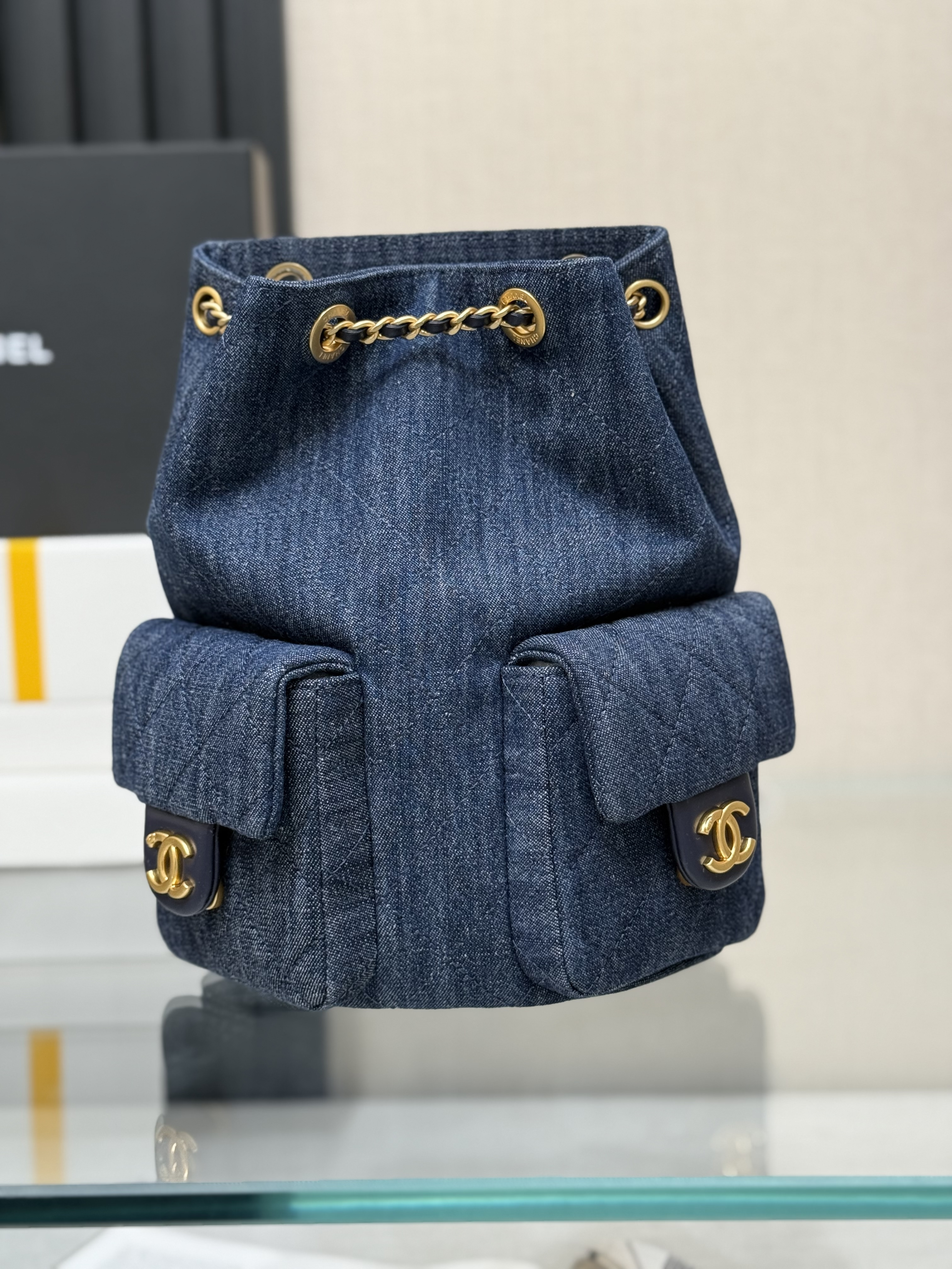 Drawstring Bucket Backpack（Dark Denim Blue） - Mocuir