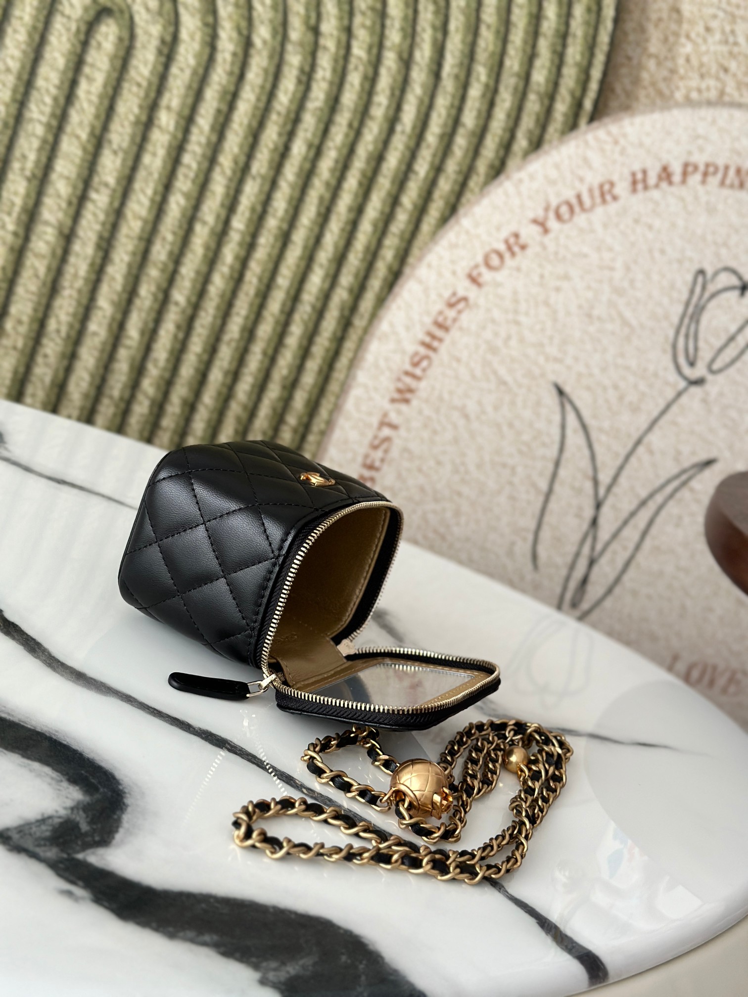 Mini Square Vanity Case with Adjustable Ball Chain in Black Quilted Lambskin with Gold-Tone Hardware - Mocuir