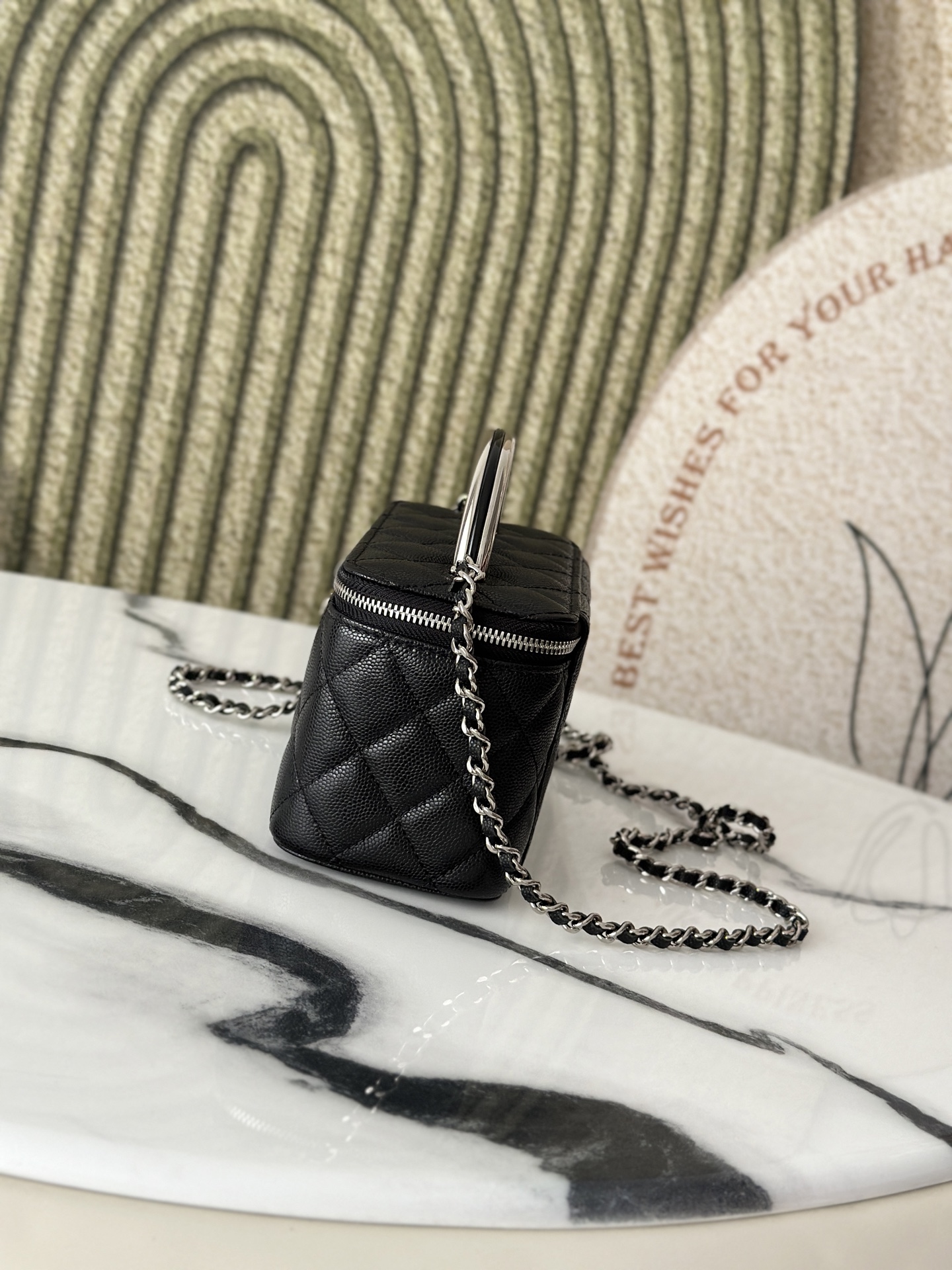 Black Caviar Quilted Vanity Case with Silver Metal Handle & Silver Hardware - Mocuir