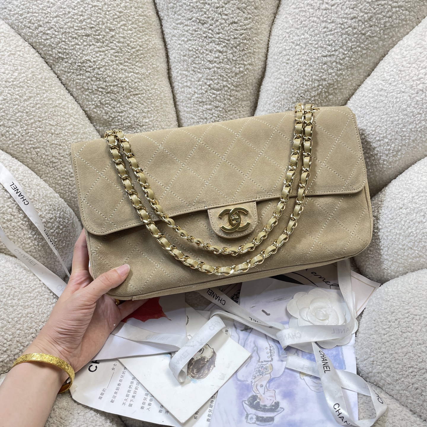 Spring-Summer 2026 Light Beige Quilted Suede Calfskin Classic Flap Handbag with Gold-Tone Hardware - Mocuir