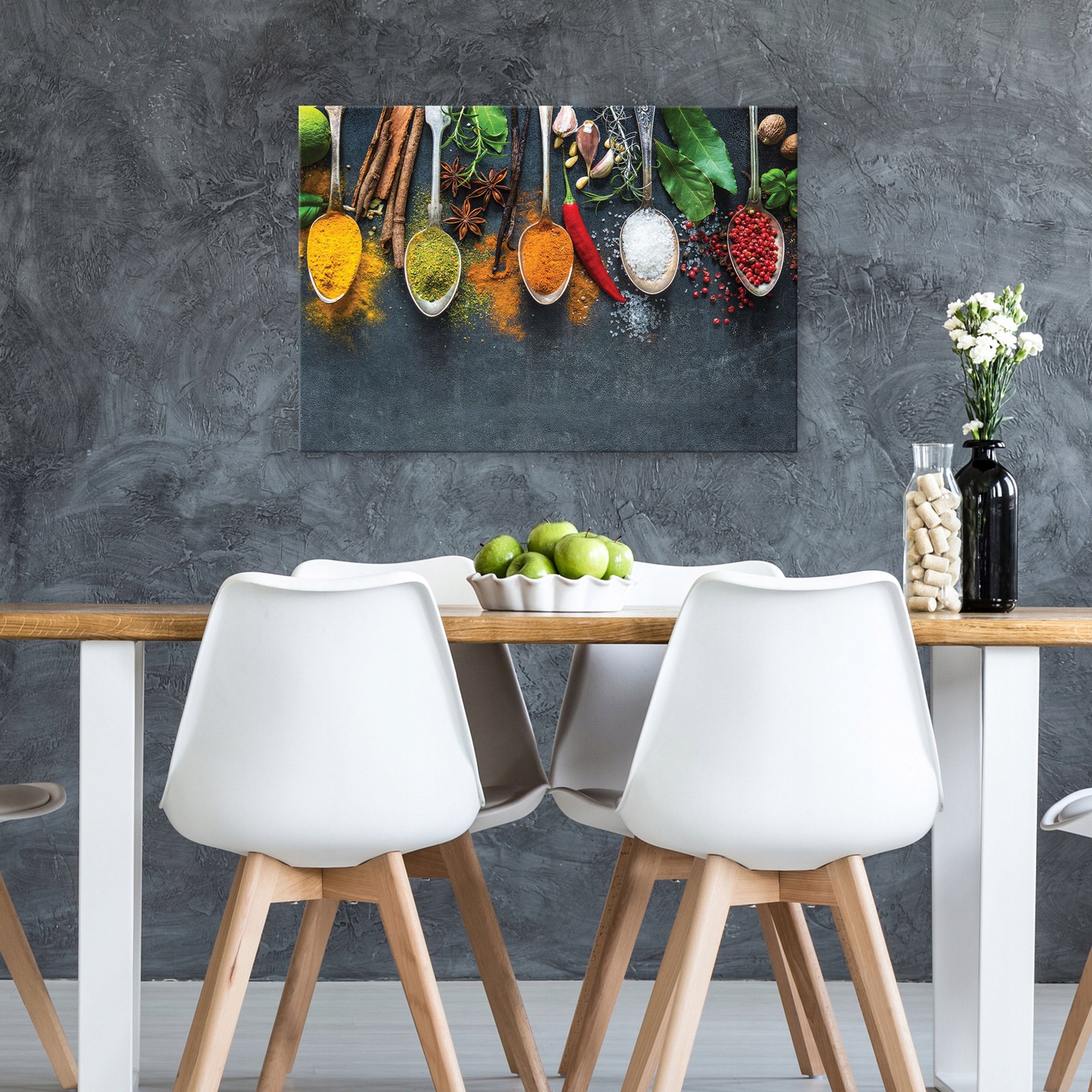 Kitchen painting featuring spices, herbs, and cutlery, 60x40