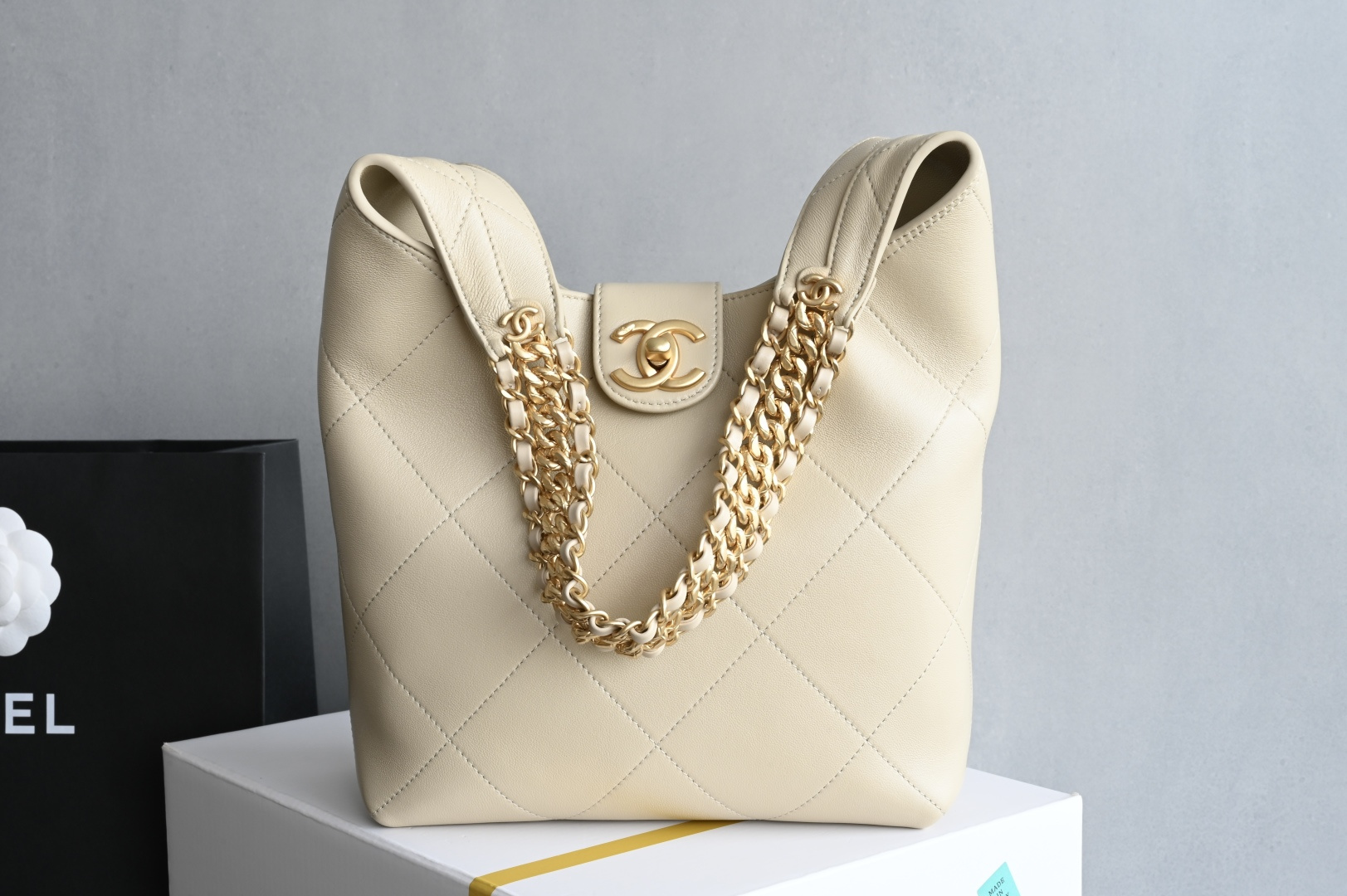 MAXI HOBO Bag in Beige Shiny Lambskin with Gold-Tone Hardware (Model AS5838) - Mocuir