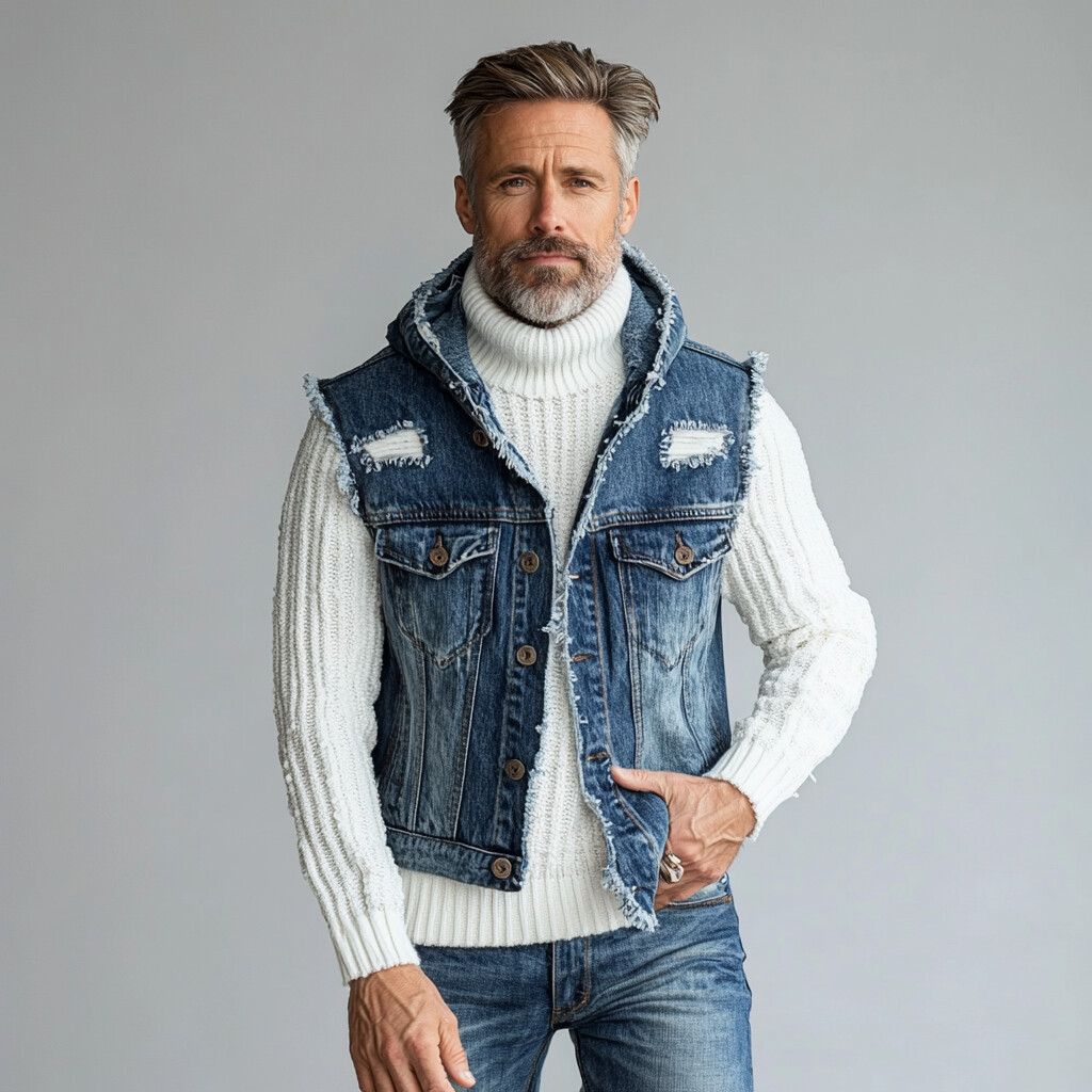 Men's Casual Denim Ripped Raw Edge Button Hooded Vest