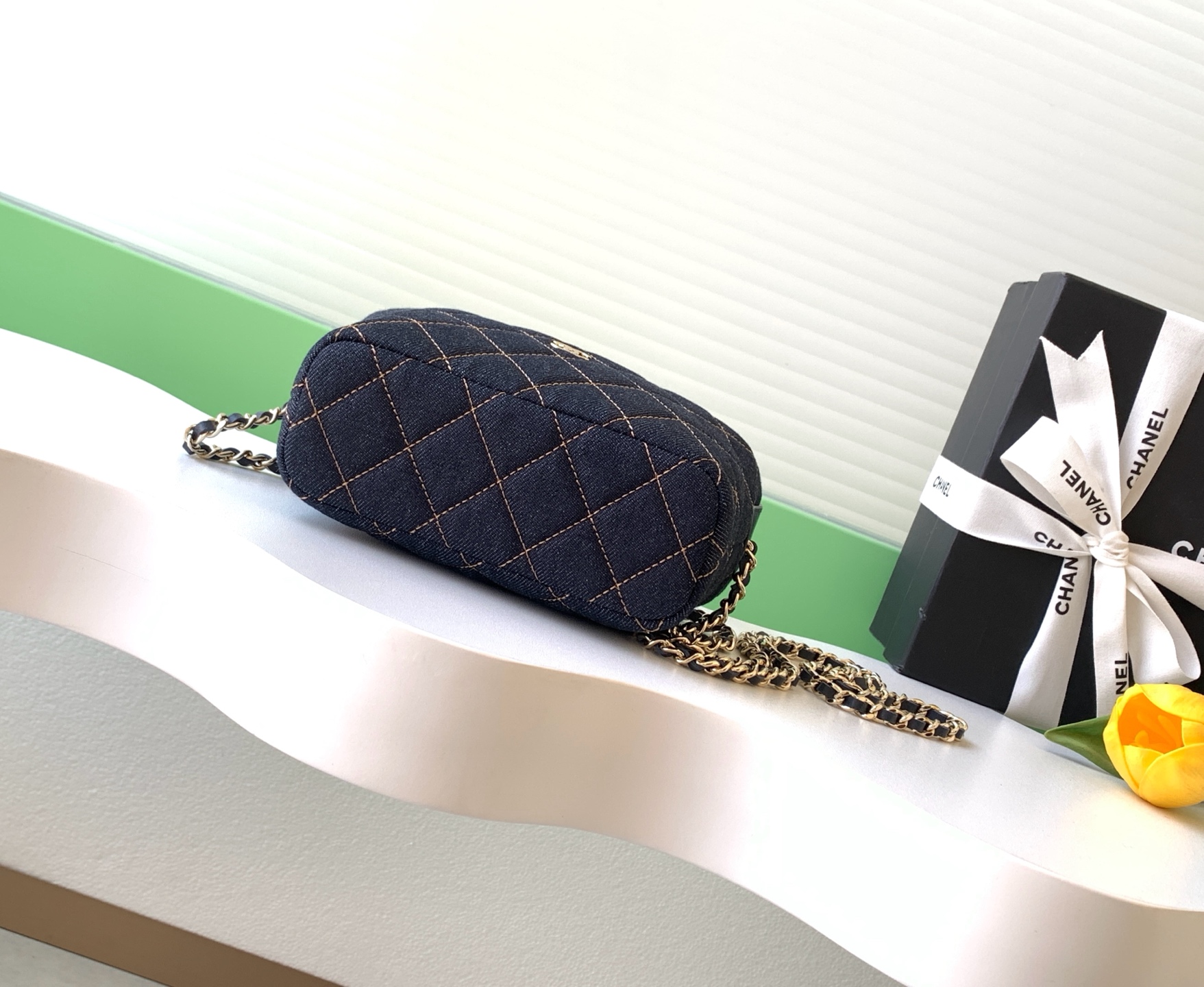 26S Spring-Summer Quilted Denim Hobo Bag with Handle in Dark Blue with Gold Hardware (Model AS5653) - Mocuir