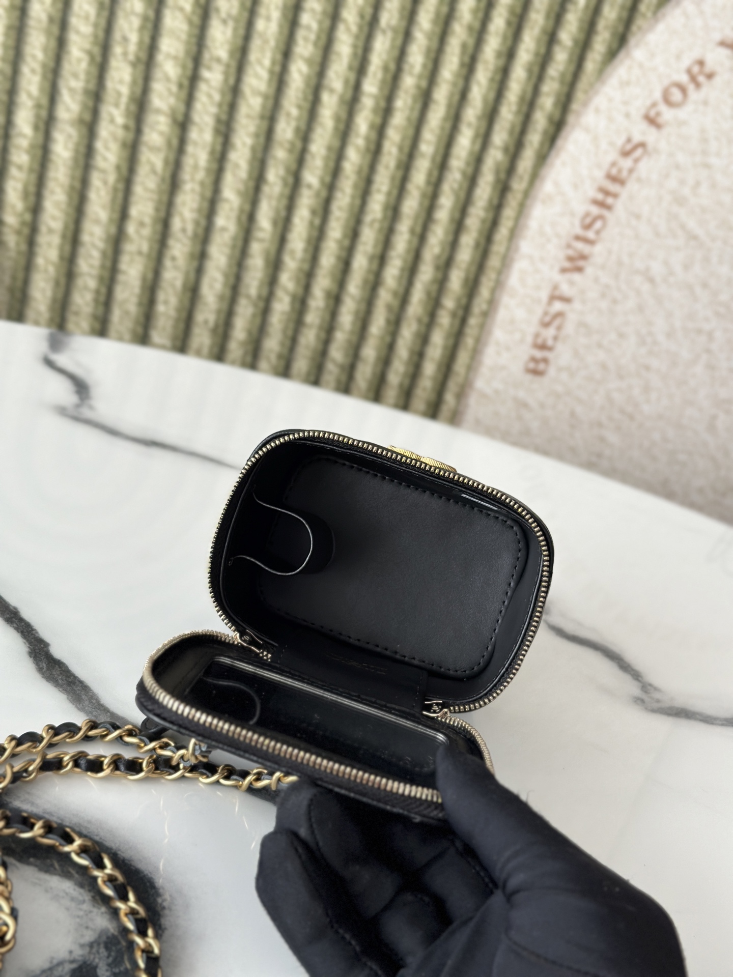 Mini Vanity Case with Pearl Chain (AP3940) in Black Caviar Leather with Gold-Tone Hardware - Mocuir