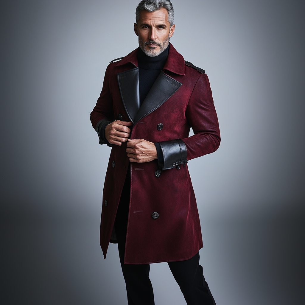 Men's Business Suede PU Leather Patchwork Double Breasted Lapel Overcoat